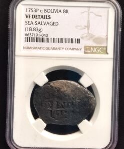 numismática 8 Reales Bolivia 1753 - Fernando VI Potosi18.83g NGC VF Marine Corrosion