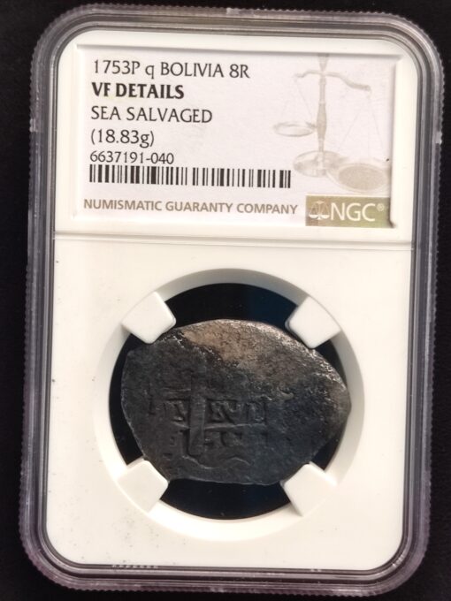 numismática 8 Reales Bolivia 1753 - Fernando VI Potosi18.83g NGC VF Marine Corrosion