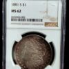 numismática Dolar Morgan 1881-S $1 Certificado NGC MS 62