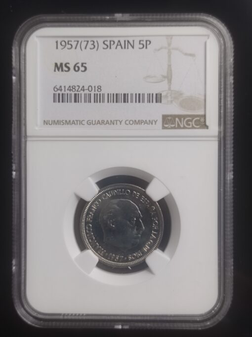 5 Pesetas 1957*73 Francisco Franco. Encapsulada y graduada por NGC MS 65