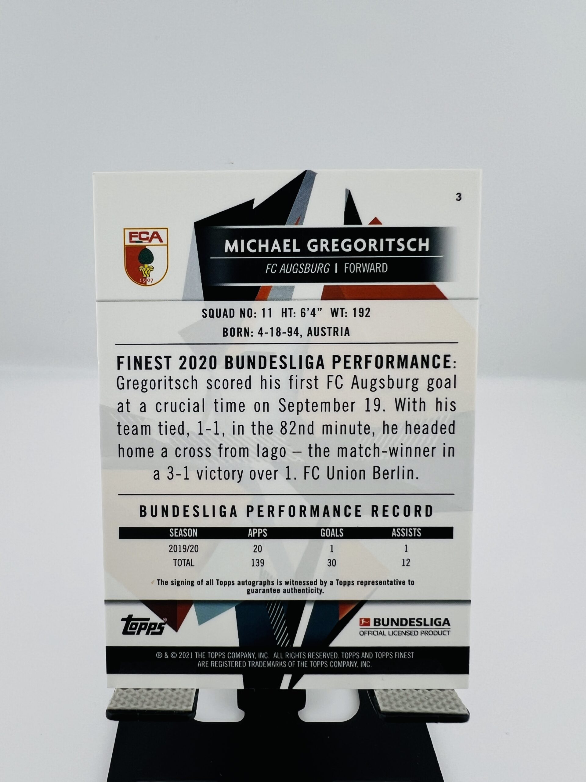 Cromo de fútbol - Autógrafo Michael Gregoritsch FC AUGSBURG Topps Finest