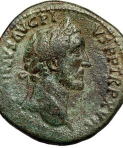 Sestercio de Antonino Pío (138–161 d.C.) Roma. Obverse: Busto del emperador con corona de laurel, mirando a la derecha, alrededor de la leyenda ANTONINVS AVG PIVS PP TR P XVII. Reverse: Indulgentia sentada en un trono, mirando a la izquierda, sosteniendo un cetro largo y extendiendo su mano. En los campos, las letras SC, alrededor de la leyenda INDVLGENTIA AVG COS IIII. Bronce, diámetro 34 mm, peso 25.45 g.