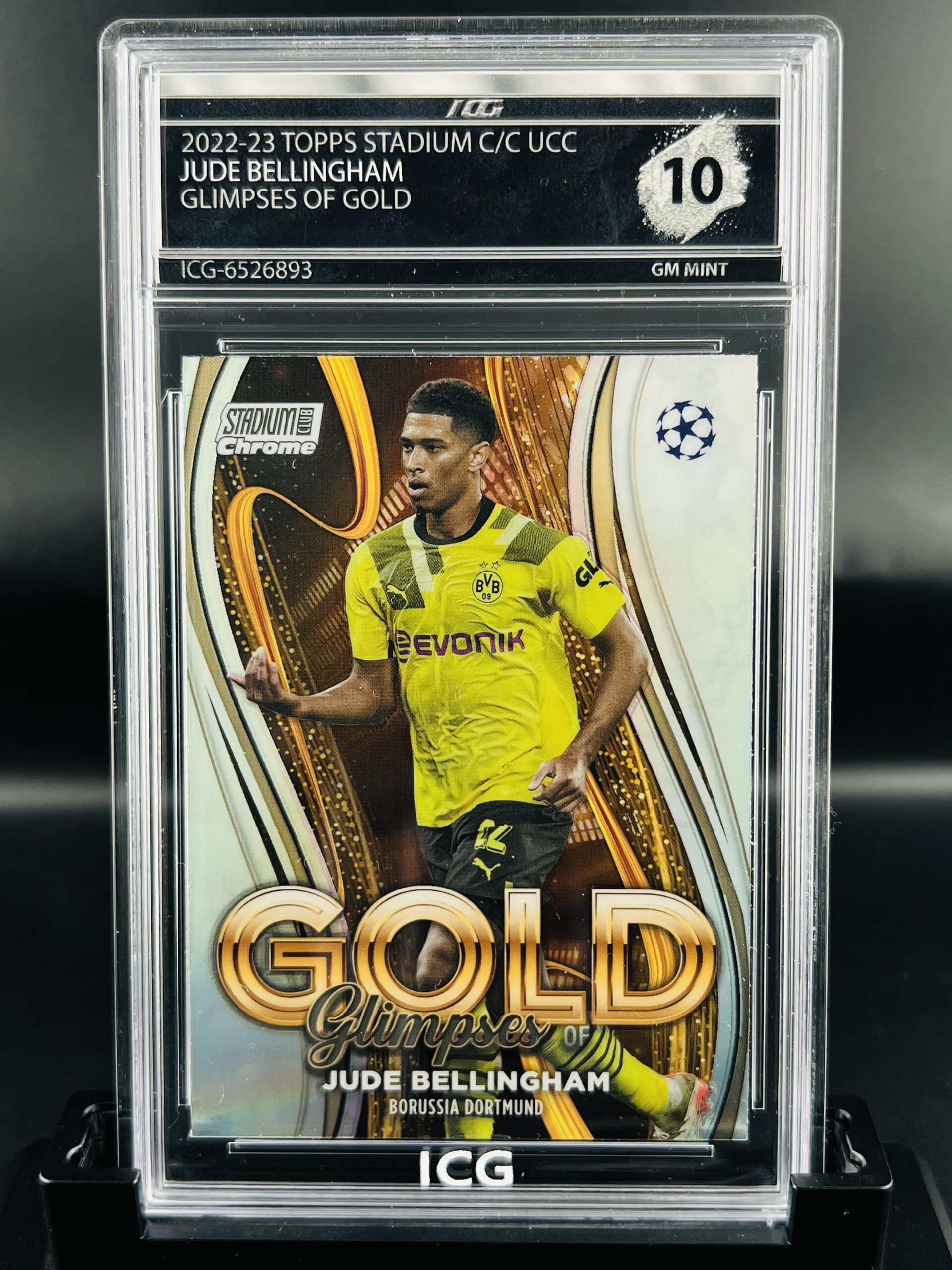 Cromo de fútbol Jude Bellingham Topps Stadium Glimpses Of Gold Inception Card Grading GM MINT 10