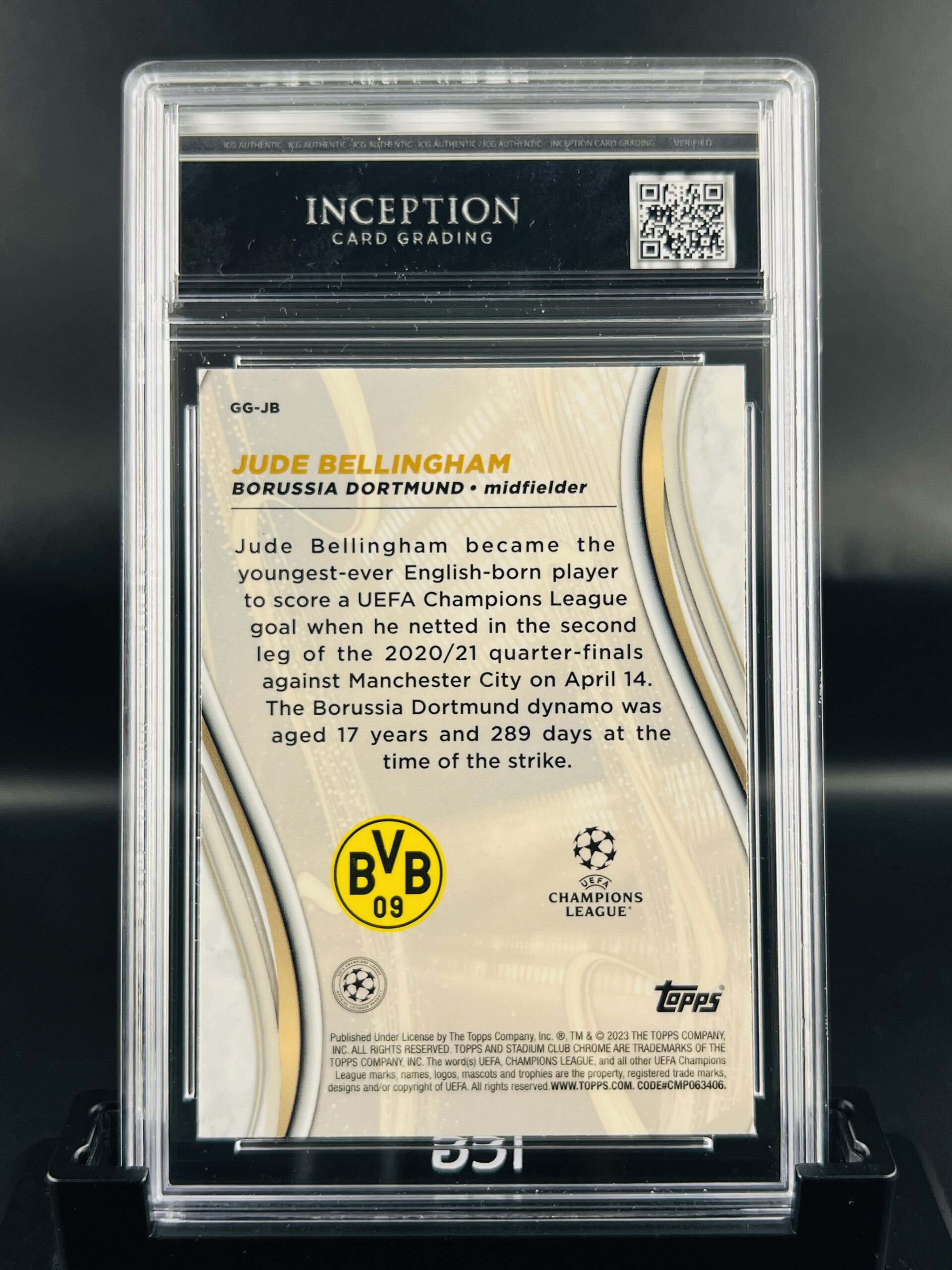Cromo de fútbol Jude Bellingham Topps Stadium Glimpses Of Gold Inception Card Grading GM MINT 10