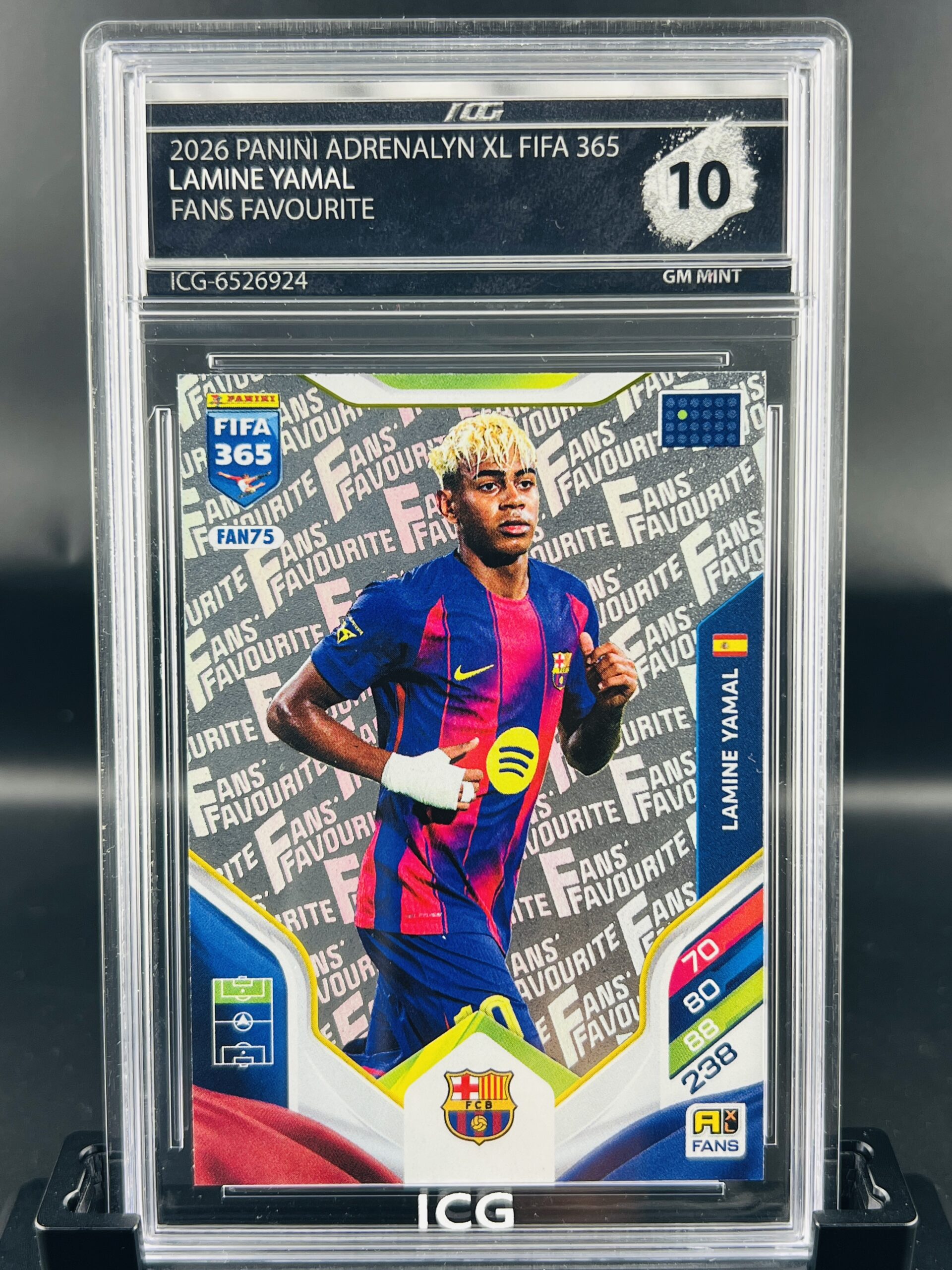 Cromo de fútbol Lamine Yamal Panini adrenalyn XL Fans Favourite ICG GEM mint 10