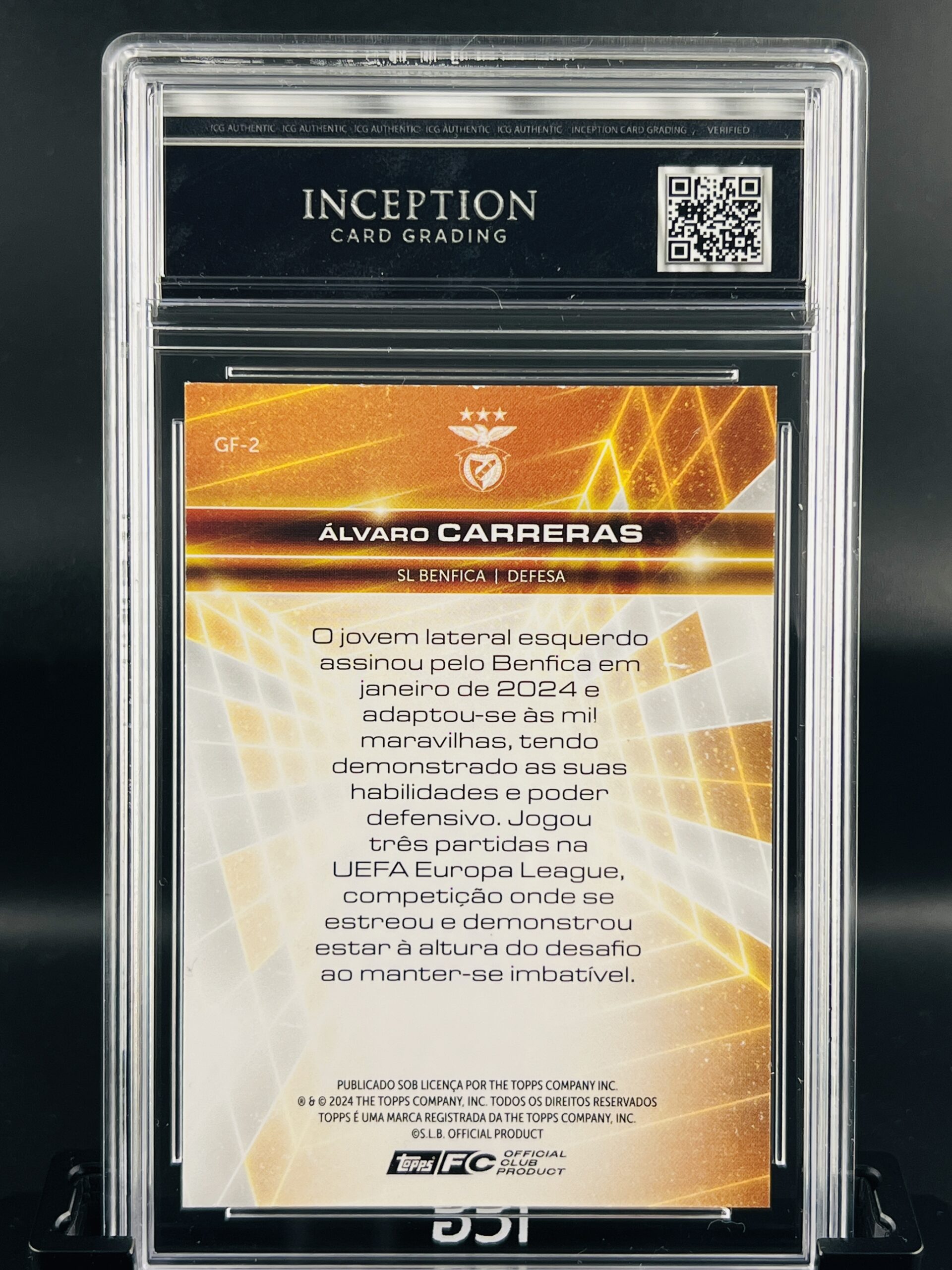 Cromo de fútbol Álvaro carreras mint 9 TOPPS benfica Inception Card Grading
