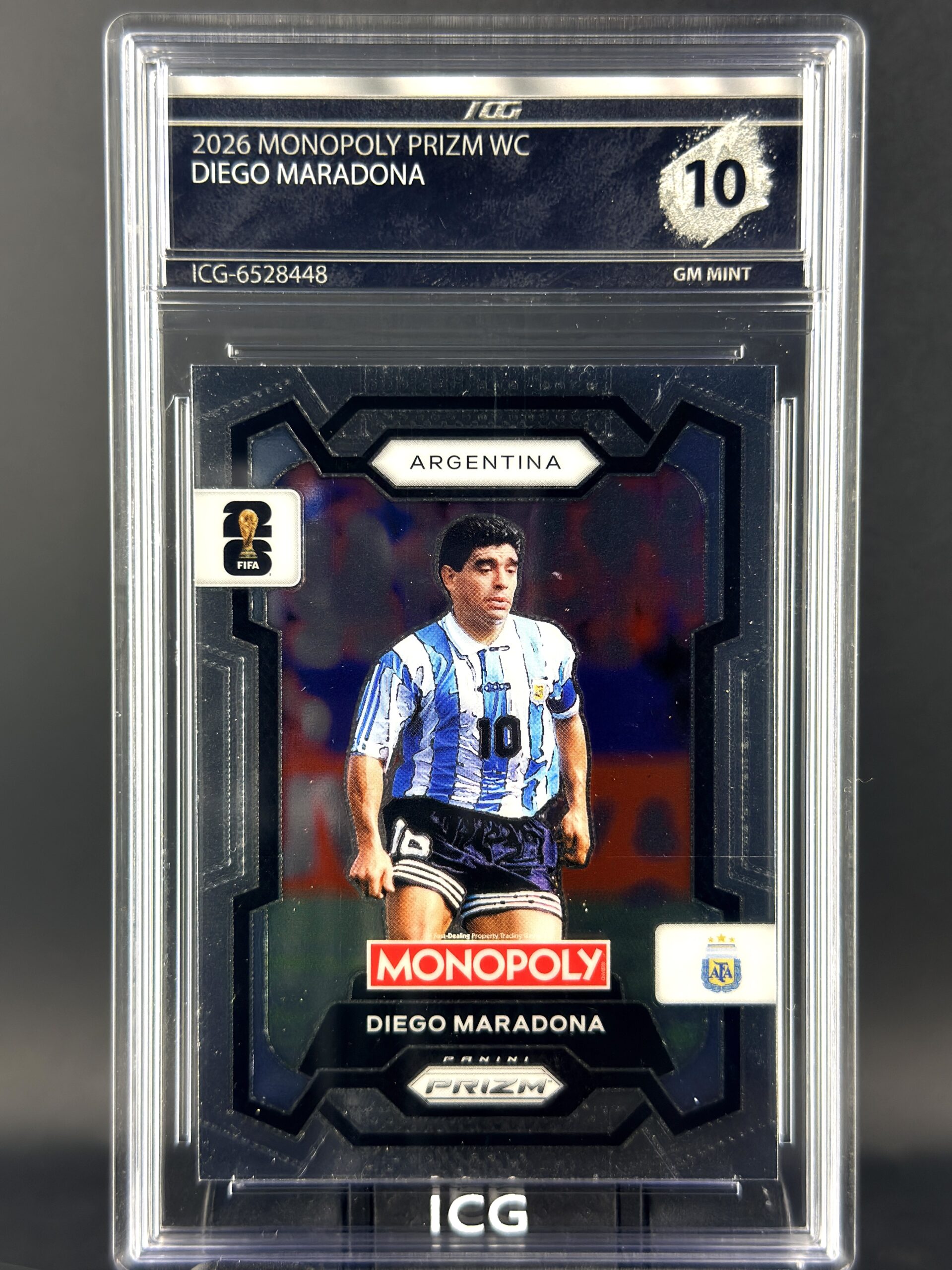 Cromo Diego Maradona Panini Monopoly Prizm Gem Mint 10 Inception Card Grading