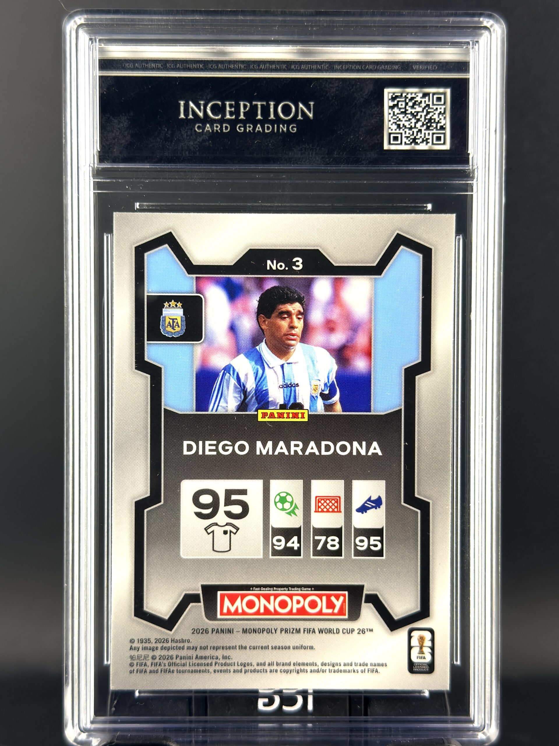 Cromo Diego Maradona Panini Monopoly Prizm Gem Mint 10 Inception Card Grading