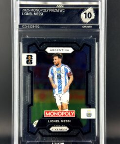 Cromo Lionel Messi 2026 Monopoly Prizm World Cup certificado por ICG con grado Gem Mint 10.