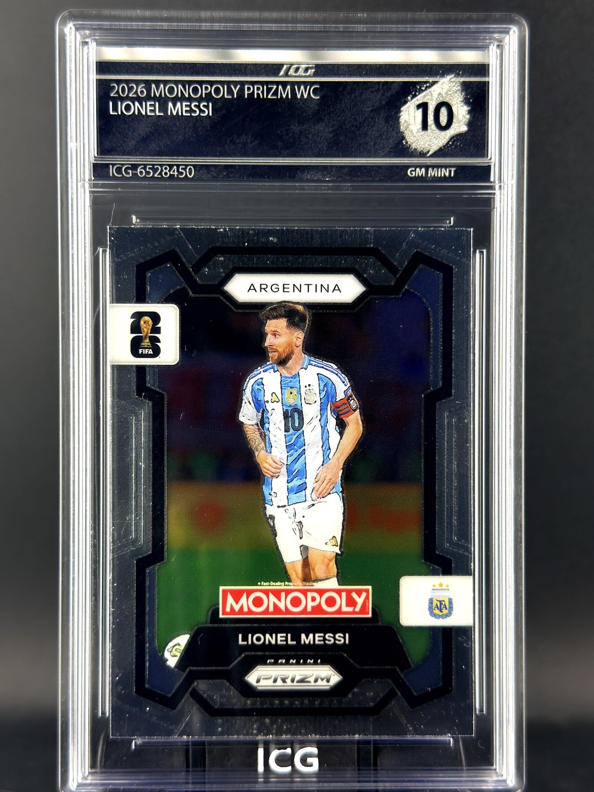 Cromo Lionel Messi 2026 Monopoly Prizm World Cup certificado por ICG con grado Gem Mint 10.
