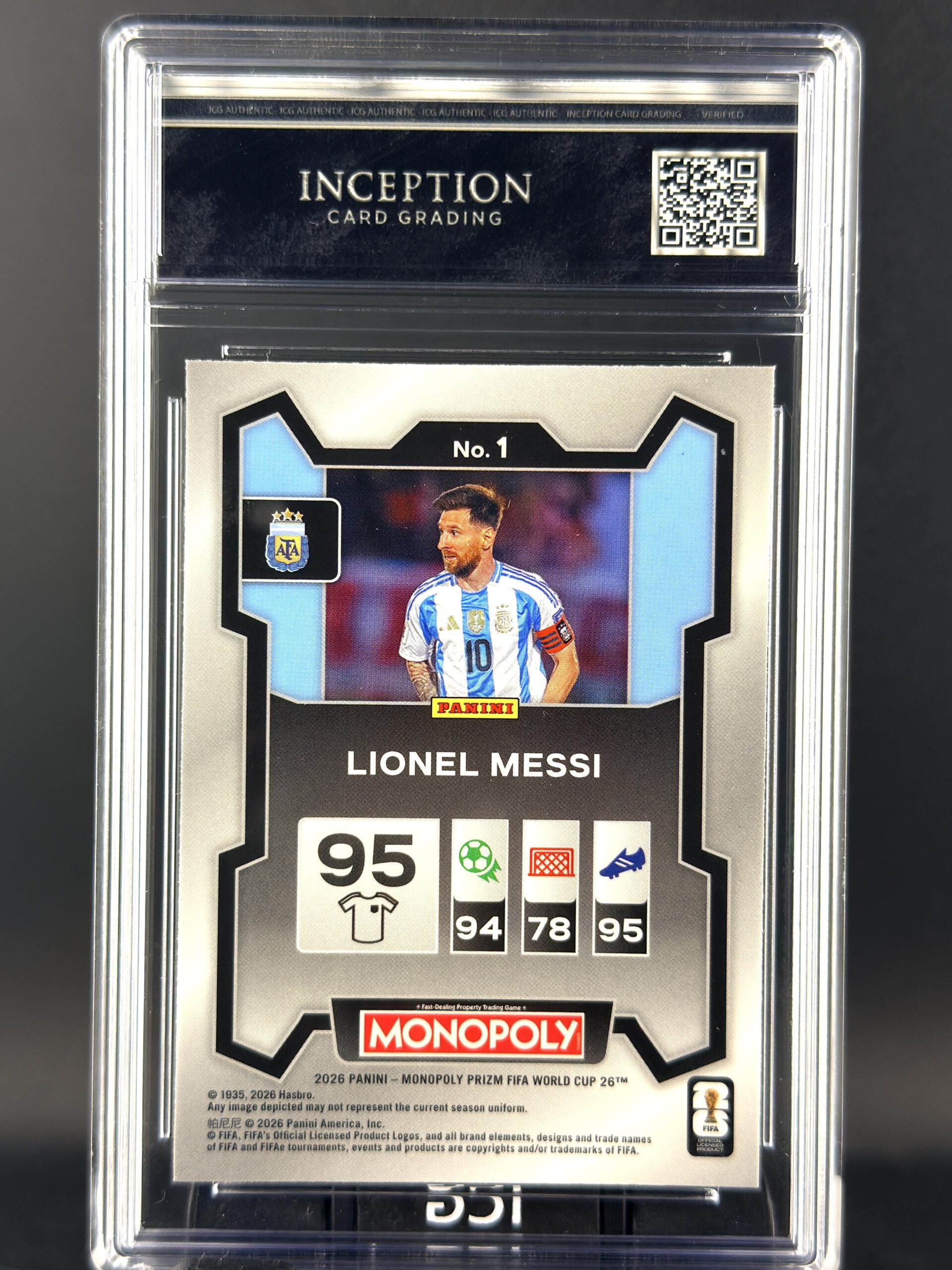Cromo Lionel Messi 2026 Monopoly Prizm World Cup certificado por ICG con grado Gem Mint 10.