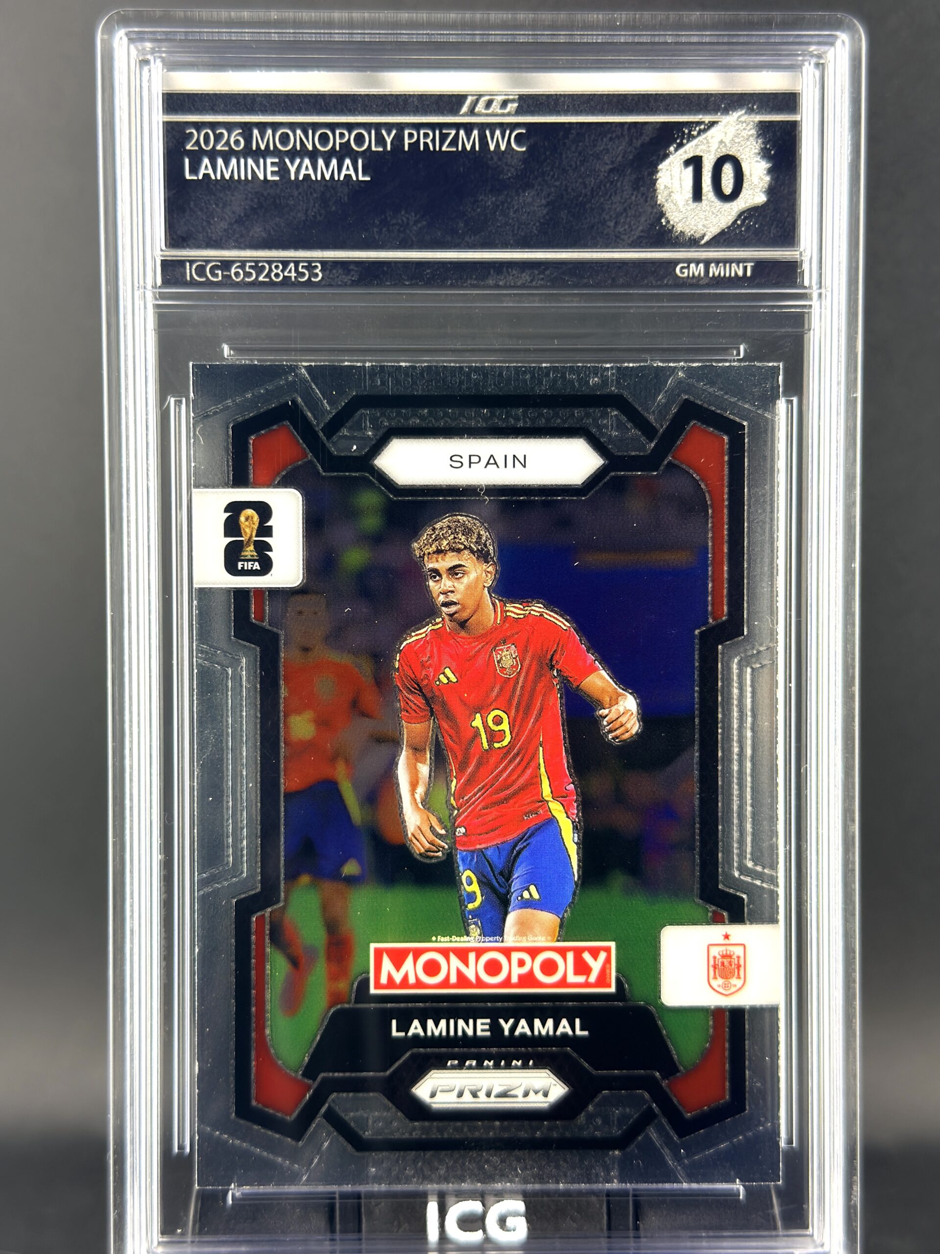 Cromo Lamine Yamal 2026 Monopoly Prizm World Cup certificado por ICG con grado Gem Mint 10.