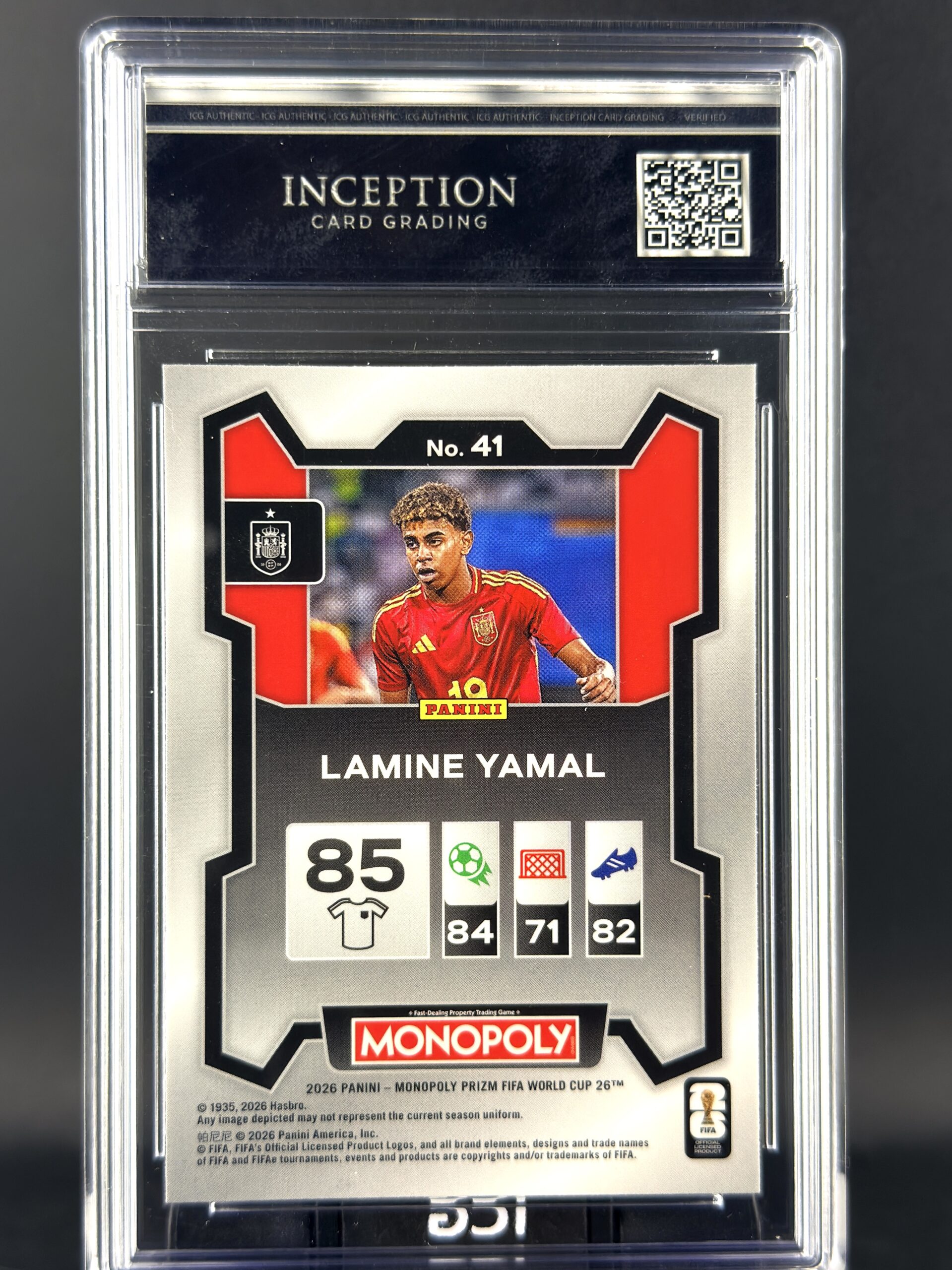 Cromo Lamine Yamal 2026 Monopoly Prizm World Cup certificado por ICG con grado Gem Mint 10.