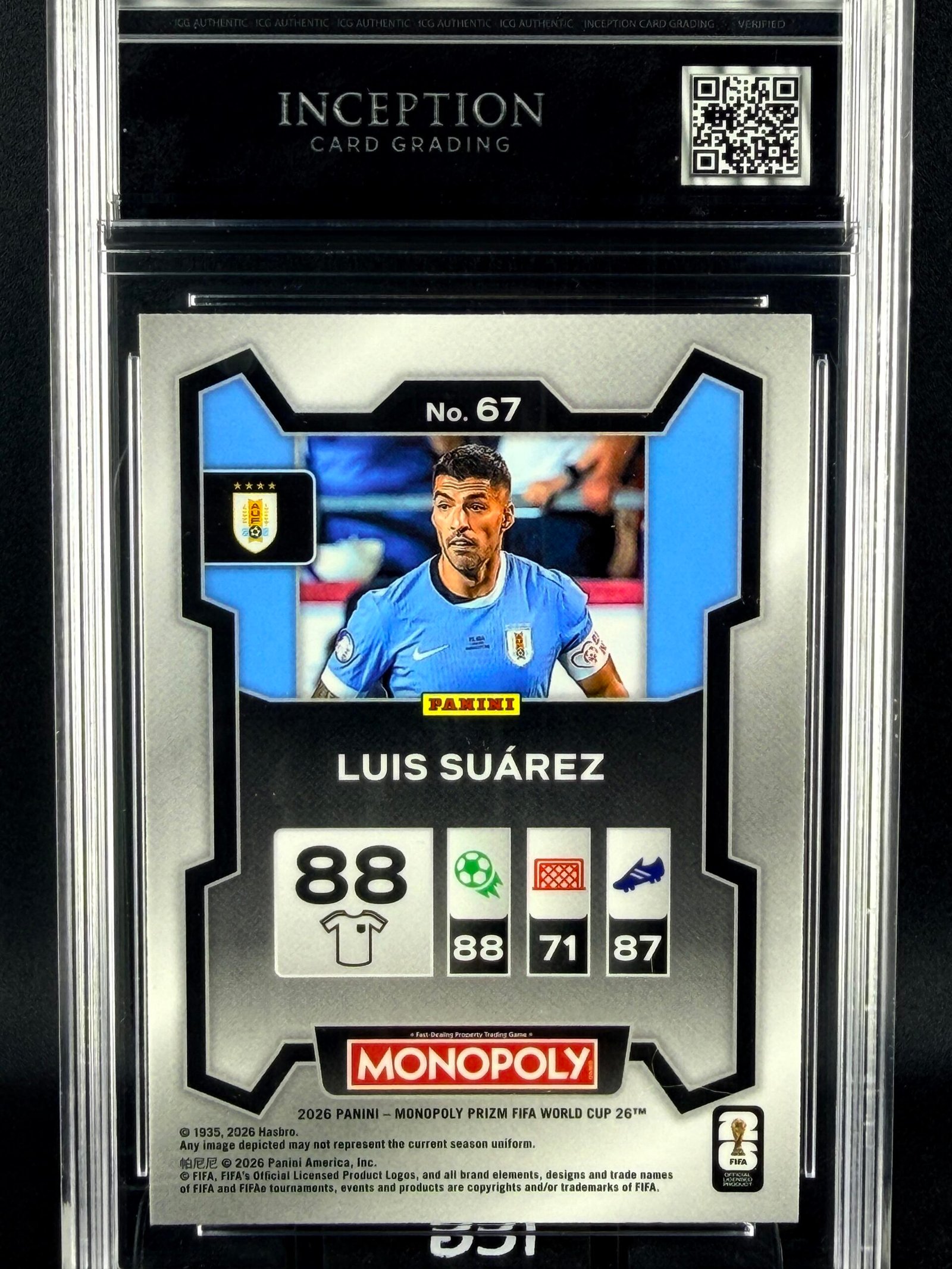 Otra vista de Cromo Luis Suarez Panini Monopoly GEM MINT 10 · Inception Card Grading · ICG · Sports Cards · TCG