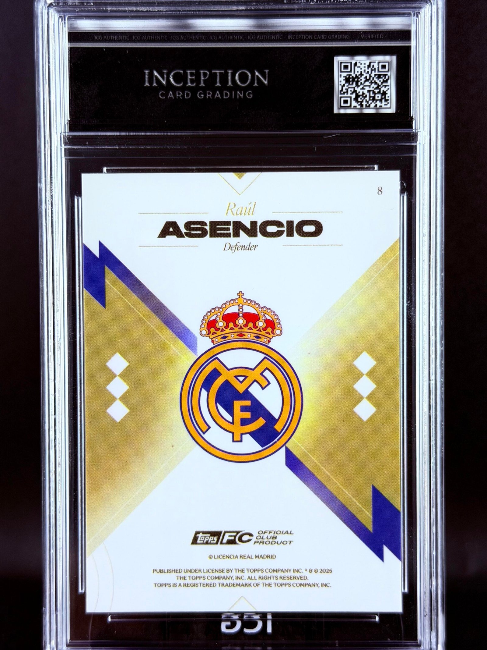 Otra vista de Cromo Asencio Topps Los Blancos Real Madrid · GEM MINT 10 · Inception Card Grading · ICG · Sports Cards · TCG