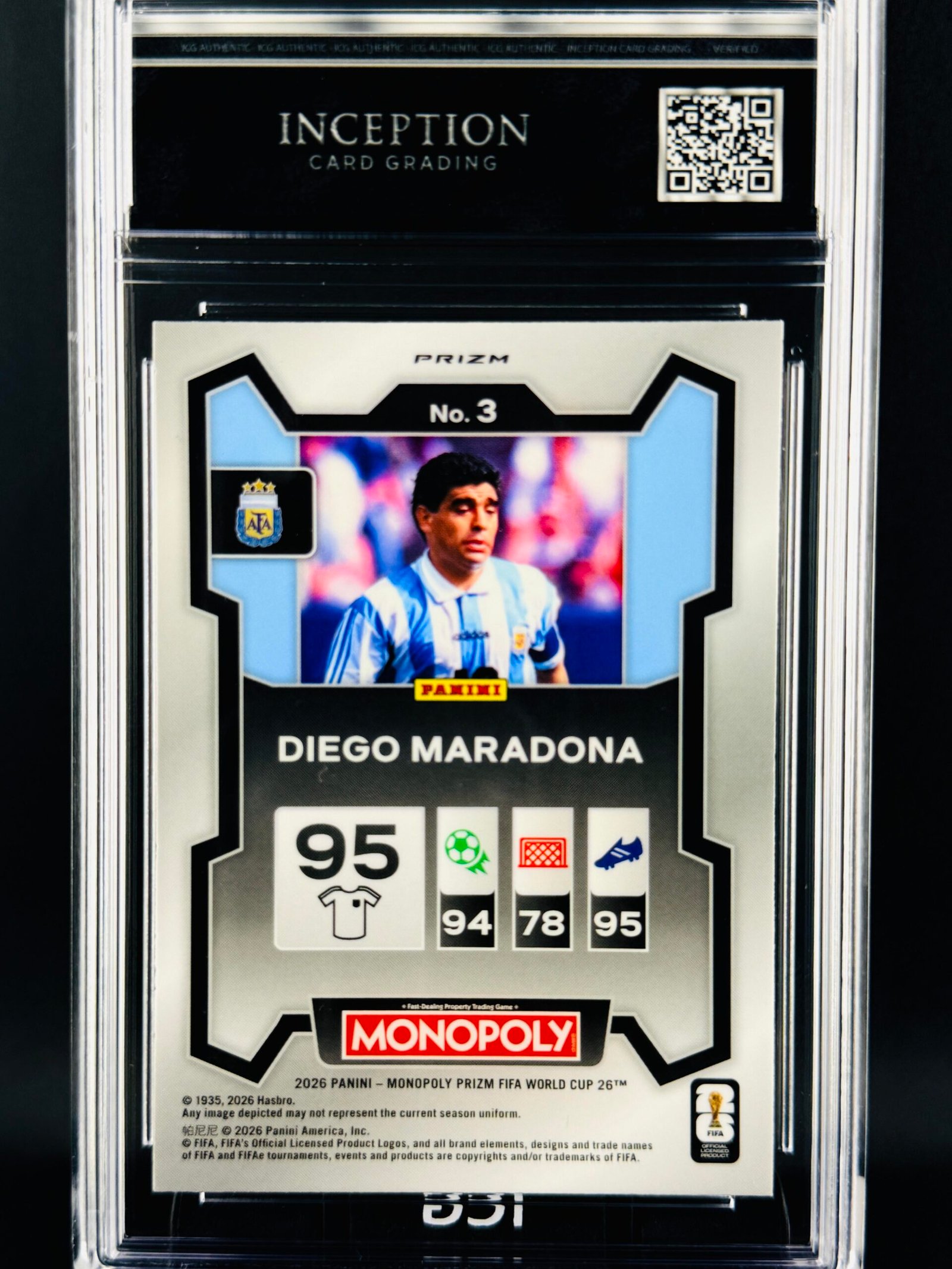 Otra vista de Cromo Diego Maradona Four Corners Blue Wave PRIZM Panini Fifa World Cup Monopoly MINT 9 · Inception Card Grading · ICG · Sports Cards · TCG