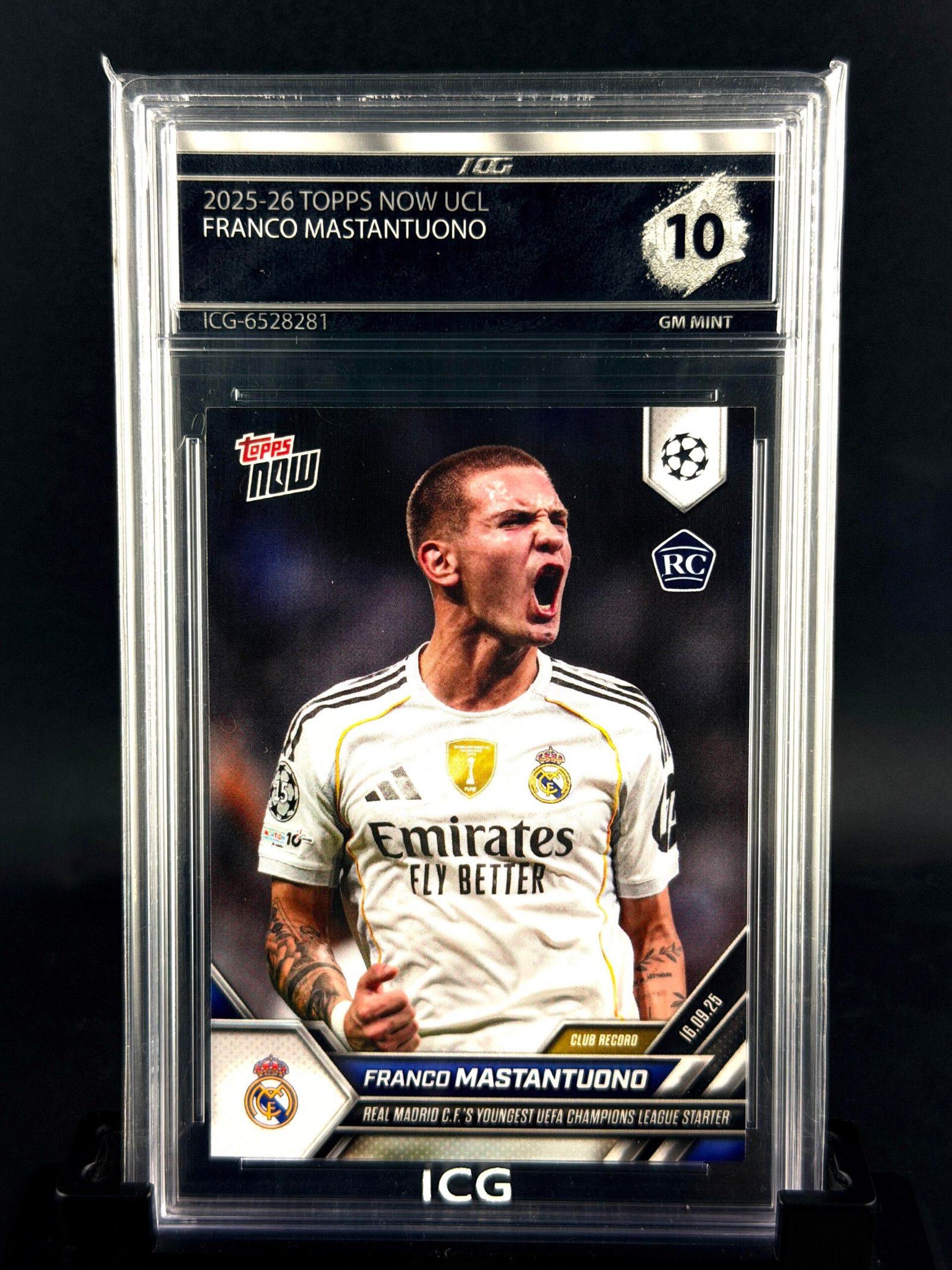 Otra vista de Cromo Mastantuono Topps Now GEM MINT 10 · Inception Card Grading · ICG · Sports Cards · TCG