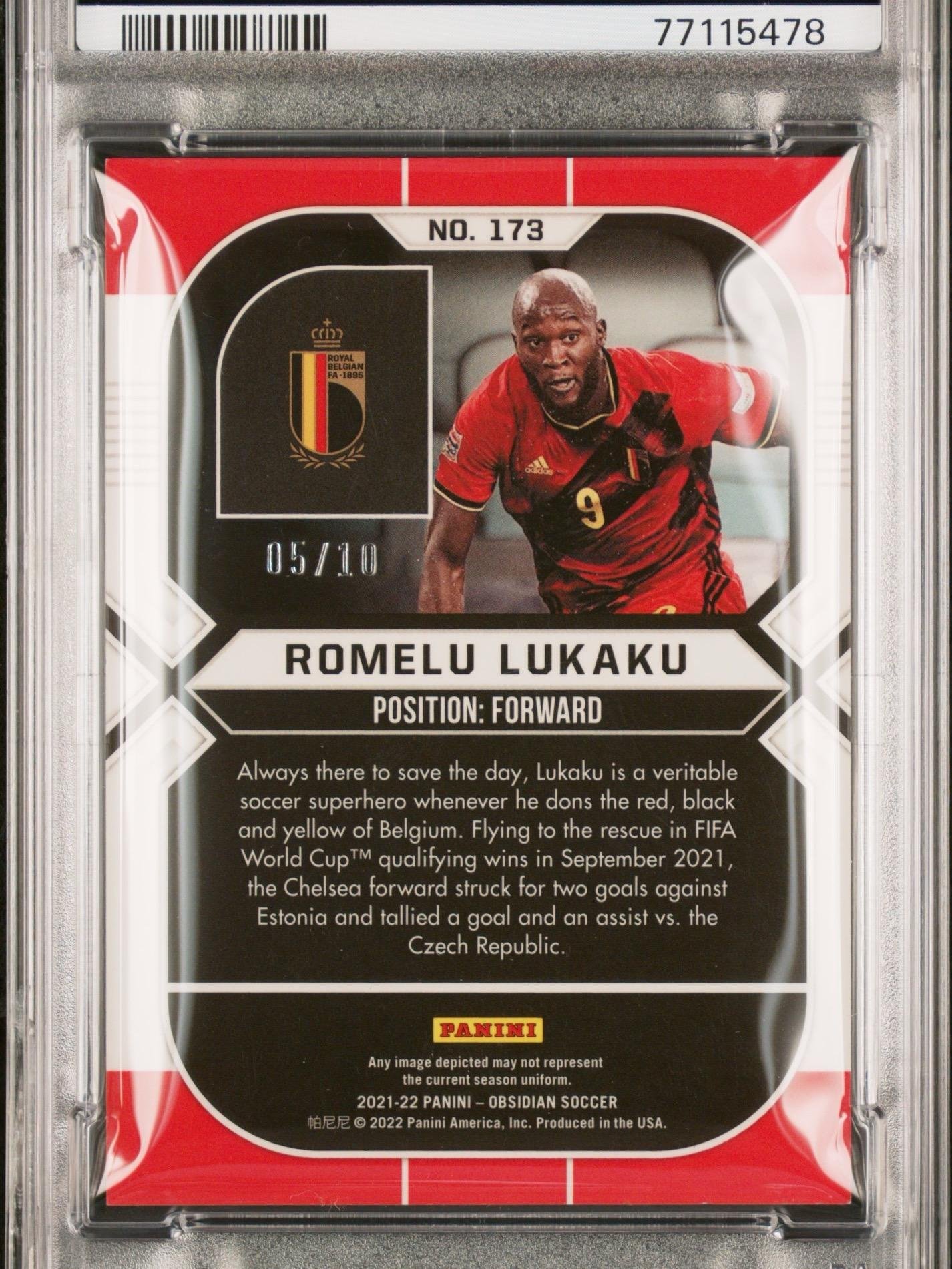 Otra vista de Cromo 2021-22 Panini Obsidian Romelu Lukaku /10 PSA 9 Electrich Yellow. POP 2
