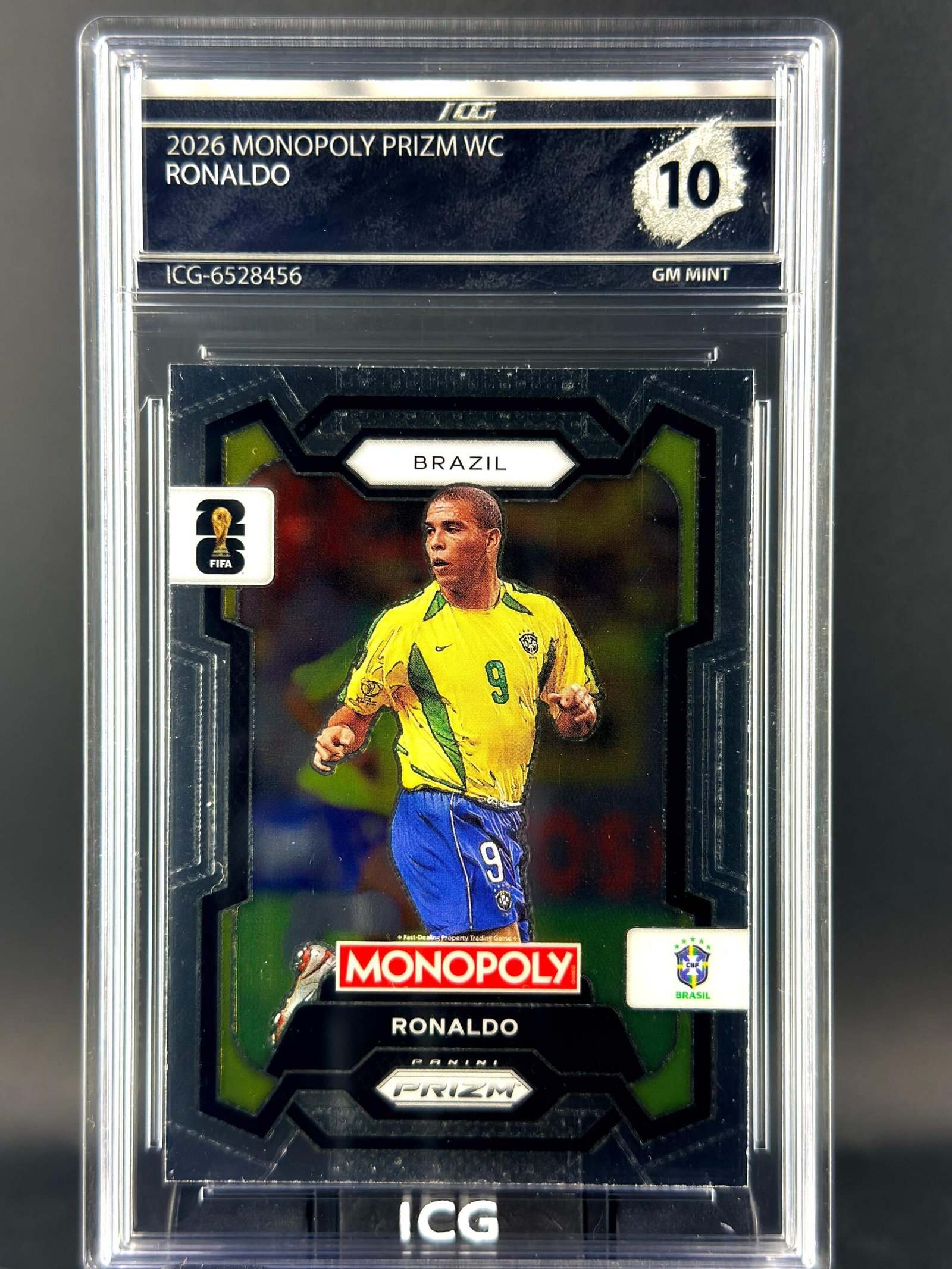 Otra vista de Cromo Ronaldo Nazario Panini Fifa World Cup Monopoly GEM MINT 10 · Inception Card Grading · ICG · Sports Cards · TCG
