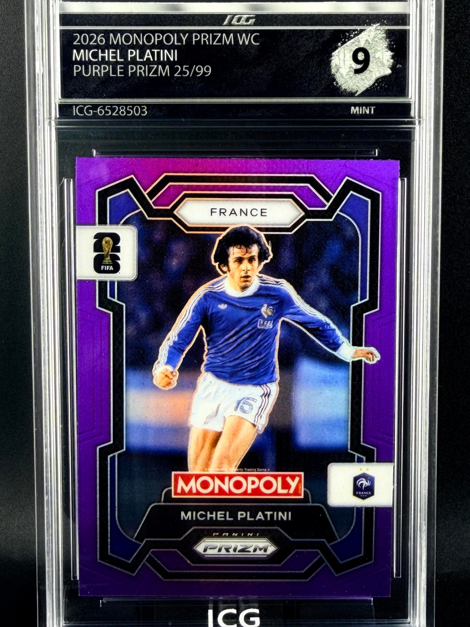 Otra vista de Cromo Michel Platini Panini Monopoly Purple Prizm /99 MINT 9 · Inception Card Grading · ICG · Sports Cards · TCG