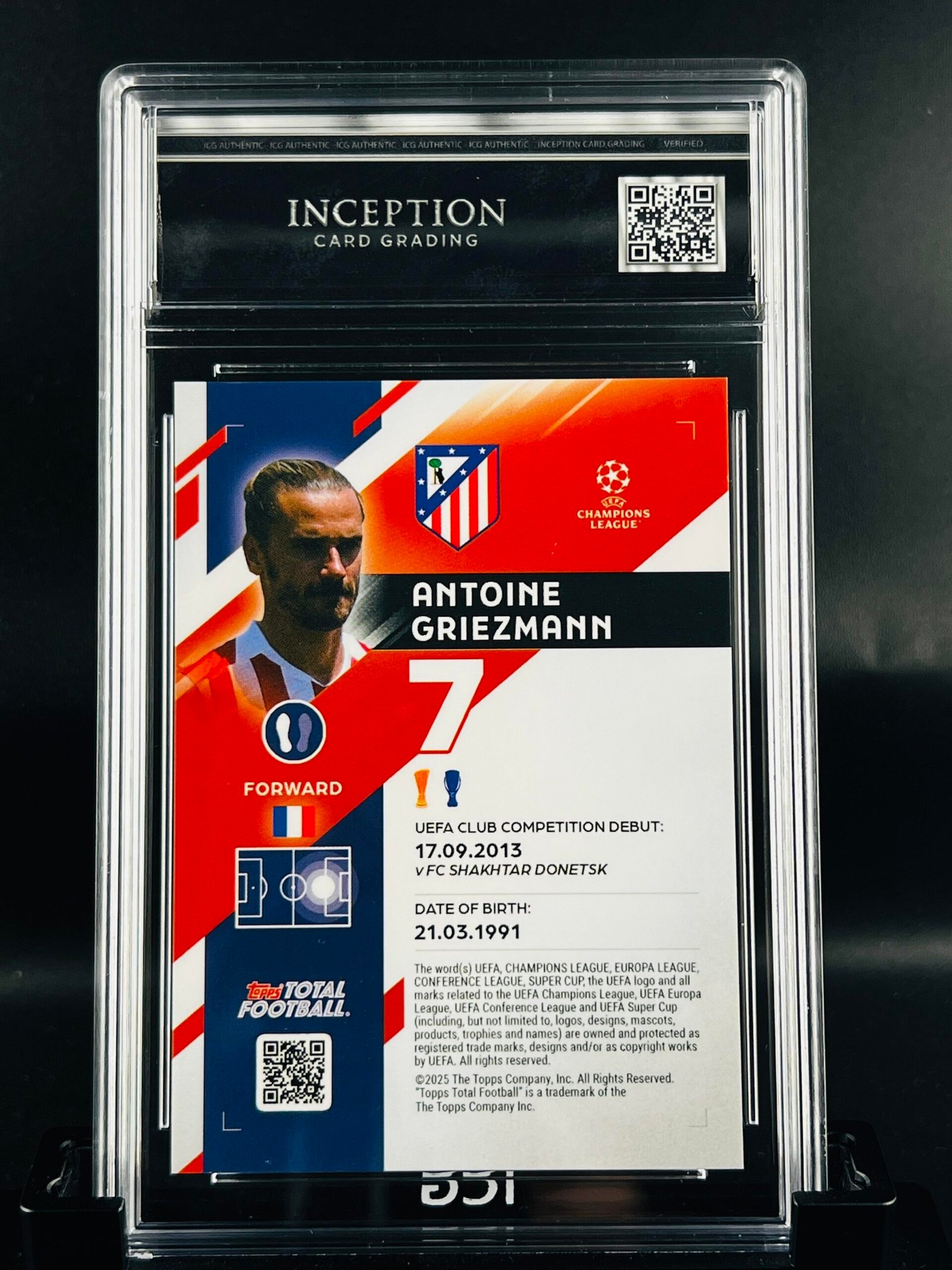 Otra vista de Cromo de fútbol Antoine Griezmann Topps TTF /25 · GM MINT 10· Inception Card Grading · ICG · Sports Cards · TCG