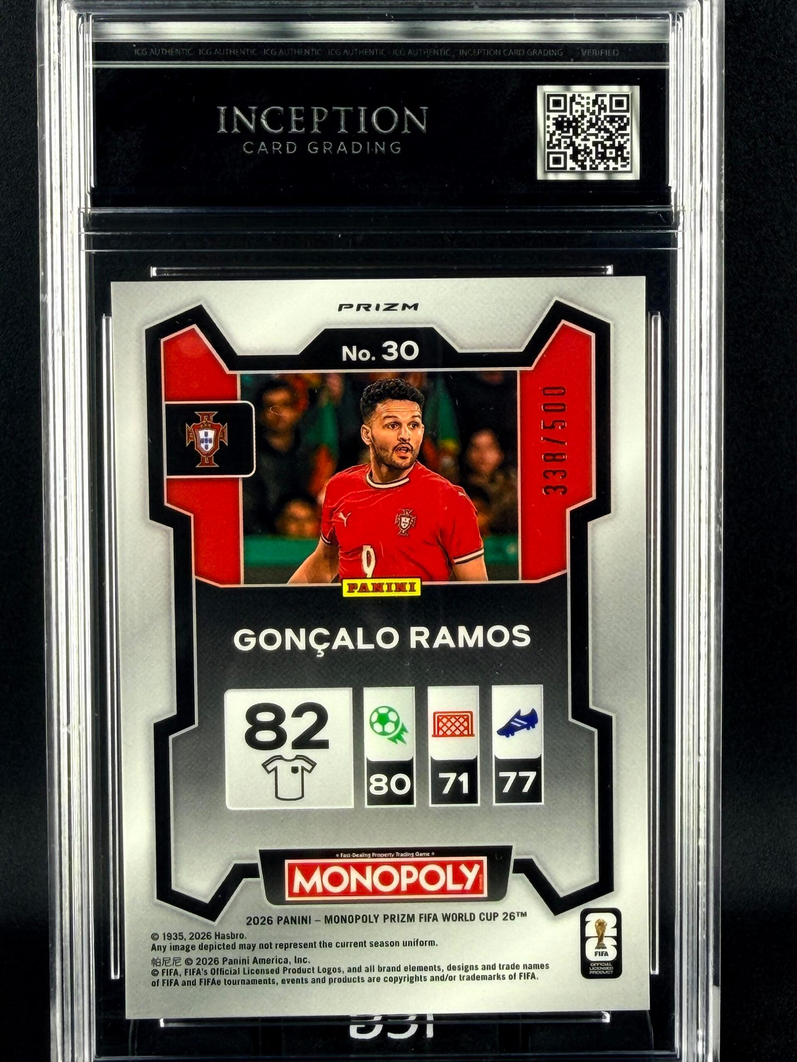 Otra vista de Cromo Gonçalo Ramos Panini Monopoly Gold Big Money Shimmer GEM MINT 10 · Inception Card Grading · ICG · Sports Cards · TCG
