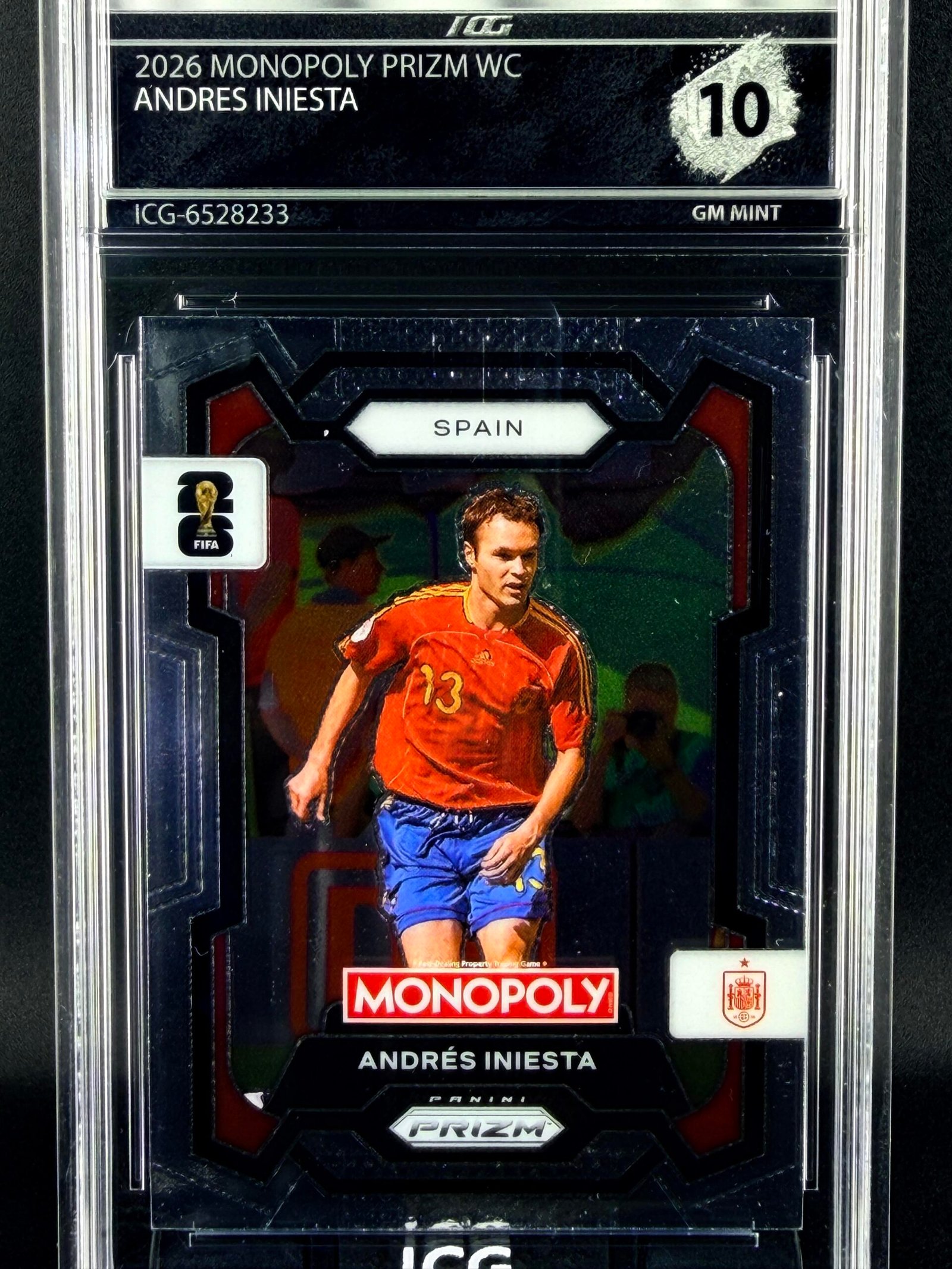 Otra vista de Cromo Andres Iniesta Panini Monopoly GEM MINT 10 · Inception Card Grading · ICG · Sports Cards · TCG