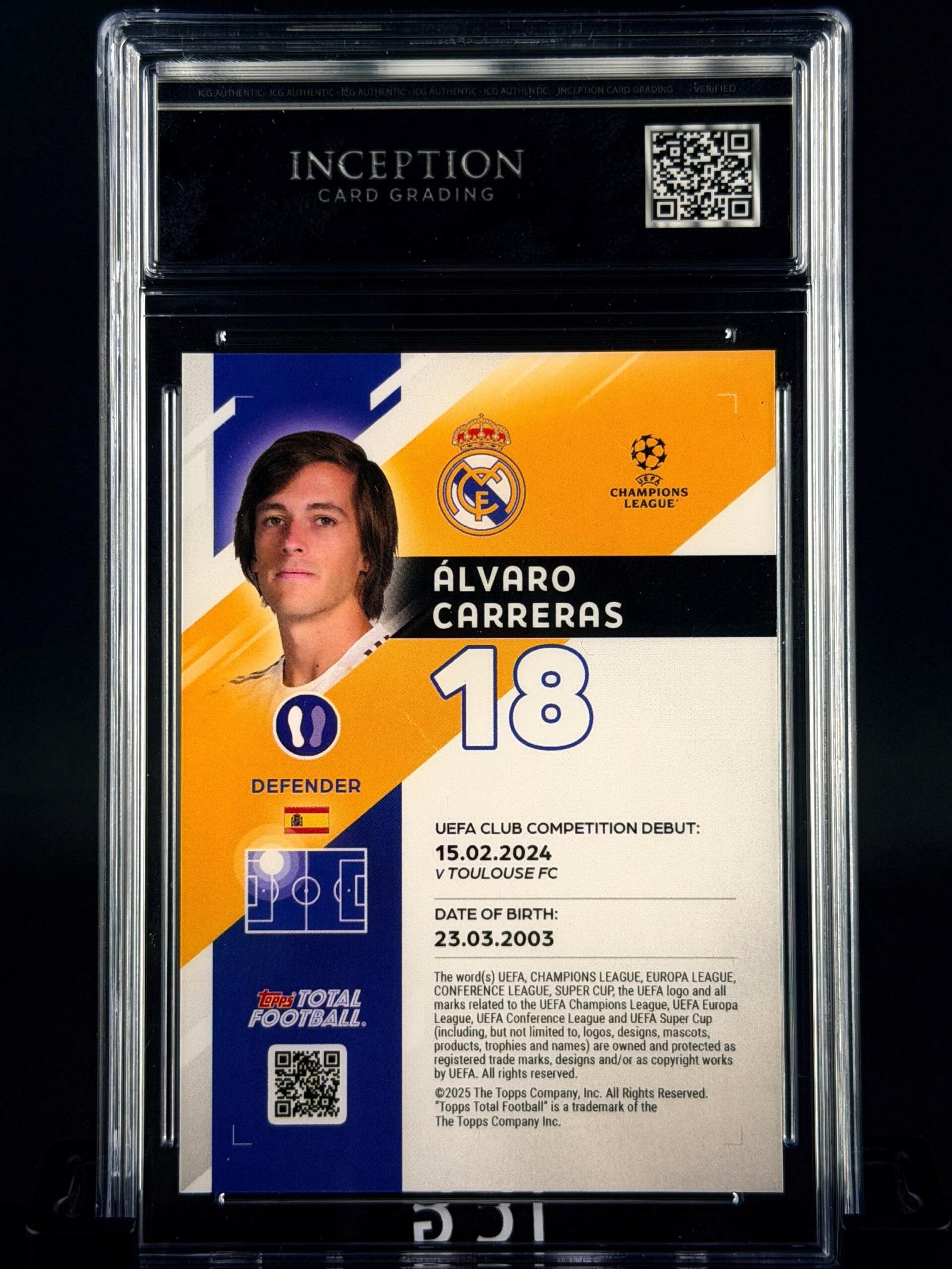 Otra vista de Cromo Álvaro Carreras /99 Topps TTF GEM MINT 10 · Inception Card Grading · ICG · Sports Cards · TCG