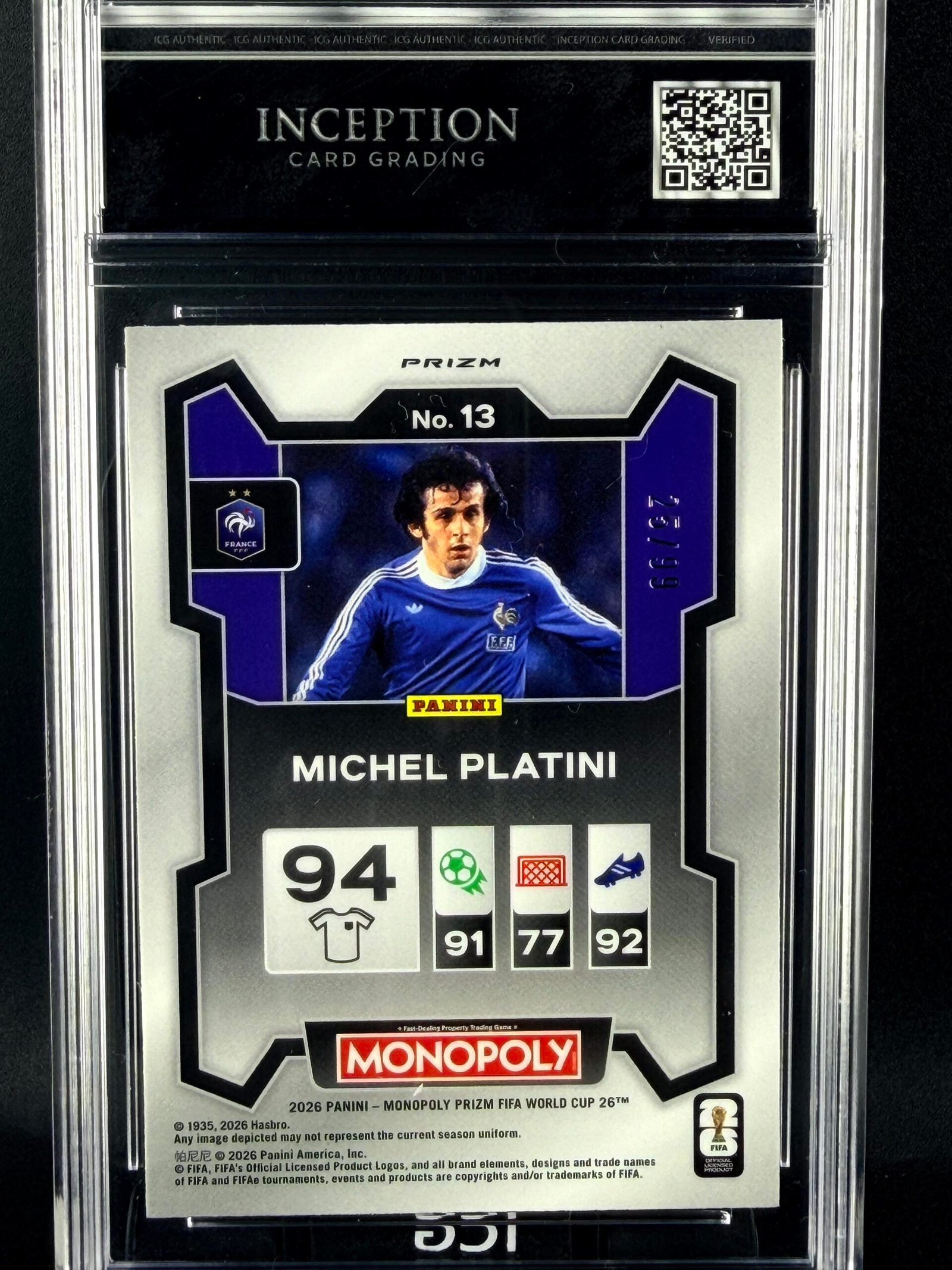 Otra vista de Cromo Michel Platini Panini Monopoly Purple Prizm /99 MINT 9 · Inception Card Grading · ICG · Sports Cards · TCG