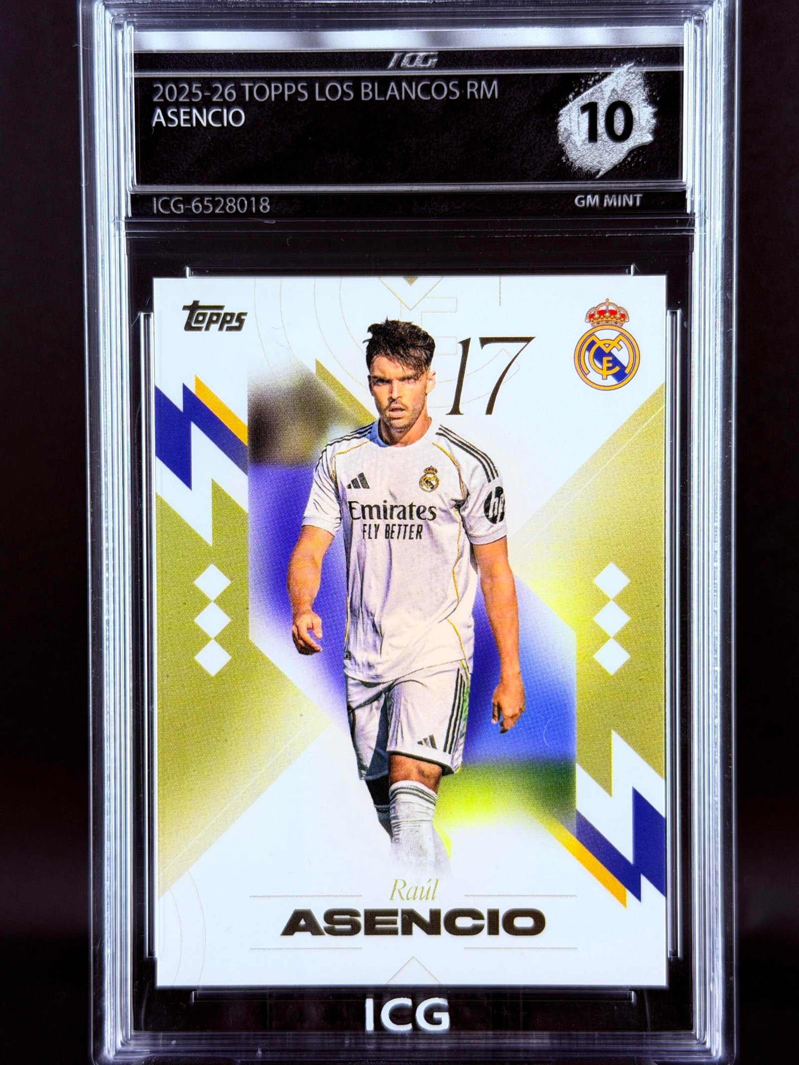 Otra vista de Cromo Asencio Topps Los Blancos Real Madrid · GEM MINT 10 · Inception Card Grading · ICG · Sports Cards · TCG