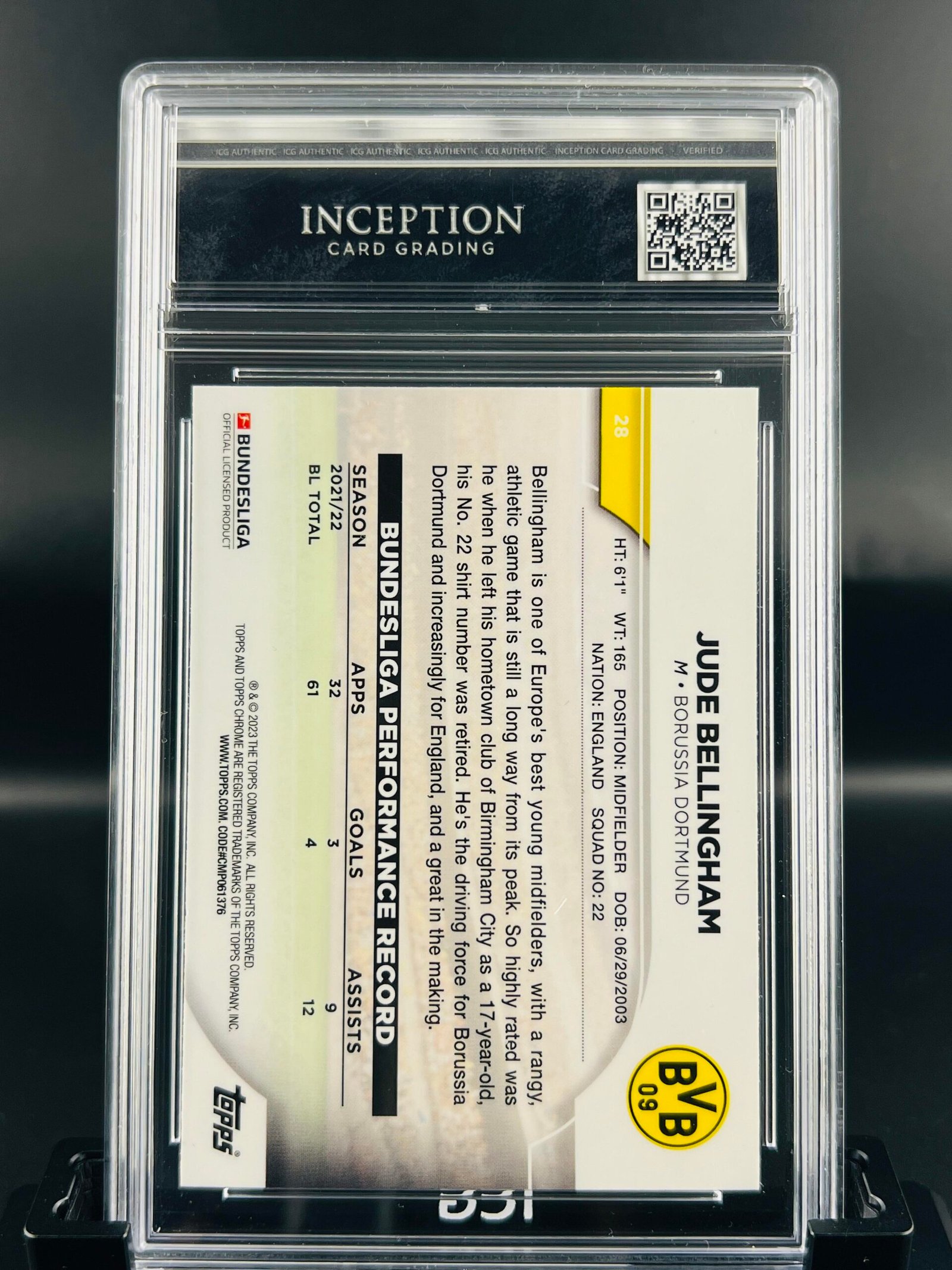 Otra vista de Cromo de fútbol Jude Bellingham Refractor Topps ICG GM MINT 10