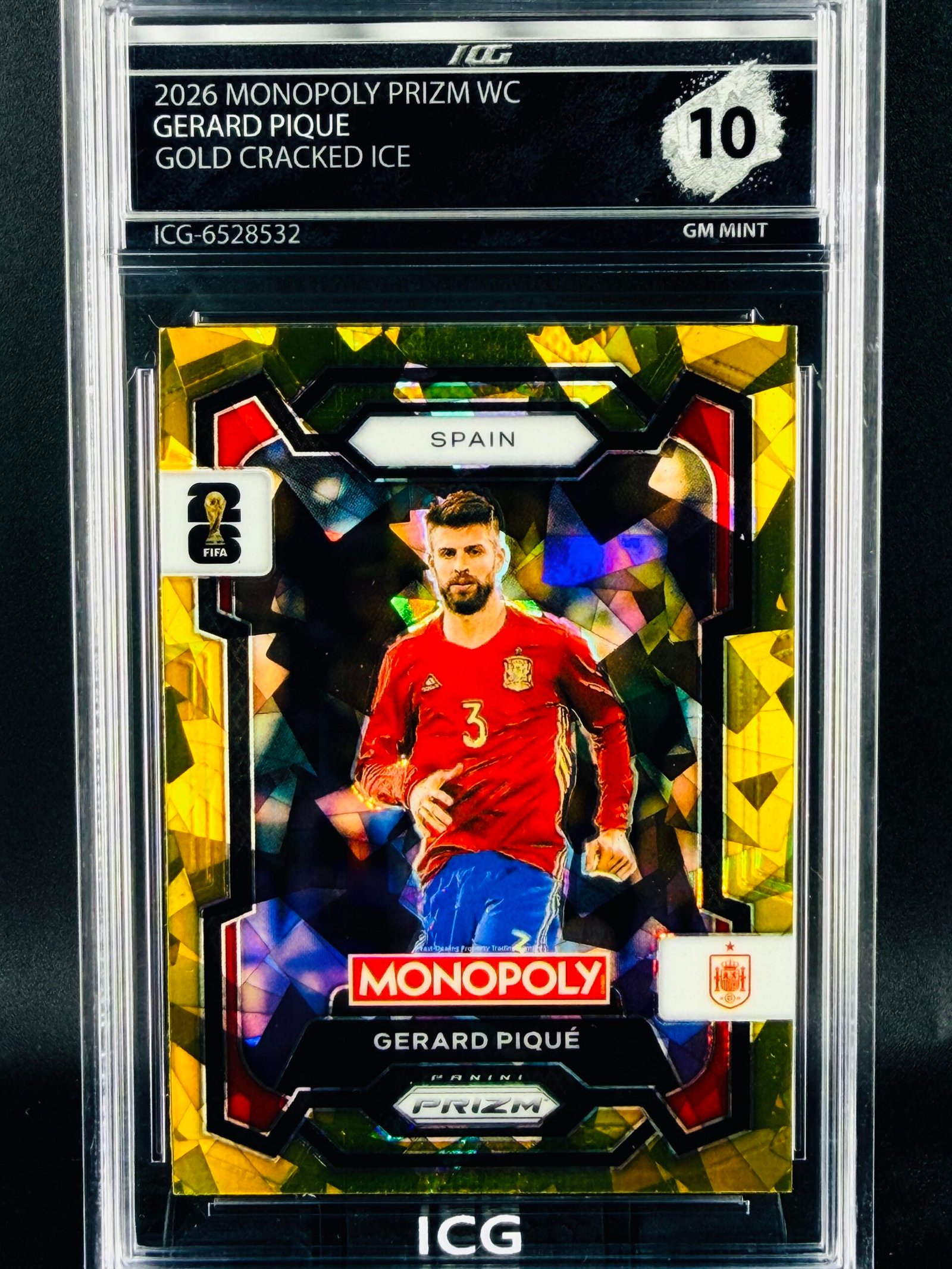 Otra vista de Cromo Gerard Piqué Panini Monopoly Gold cracked ice GEM MINT 10 · Inception Card Grading · ICG · Sports Cards · TCG