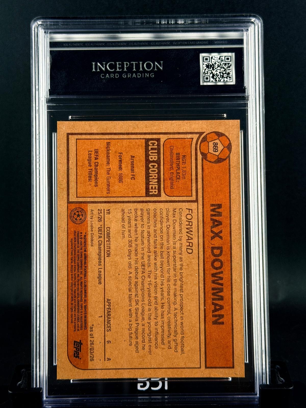 Otra vista de Cromo Max Dowman Rookie Topps Living · GEM MINT 10 · Inception Card Grading · ICG · Sports Cards · TCG