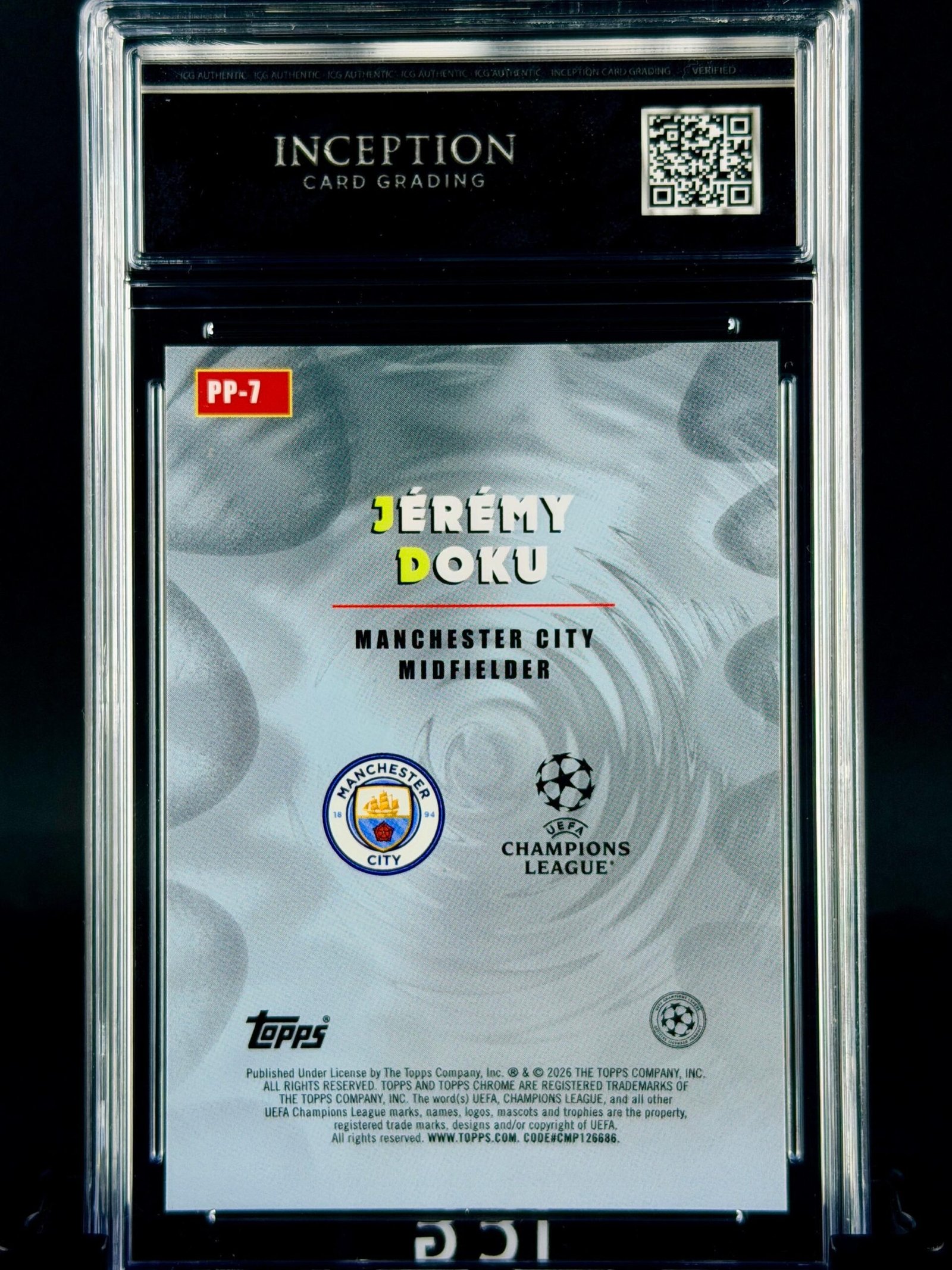 Otra vista de Cromo Jeremy Doku Topps Chrome Power Players GEM MINT 10 · Inception Card Grading · ICG · Sports Cards · TCG