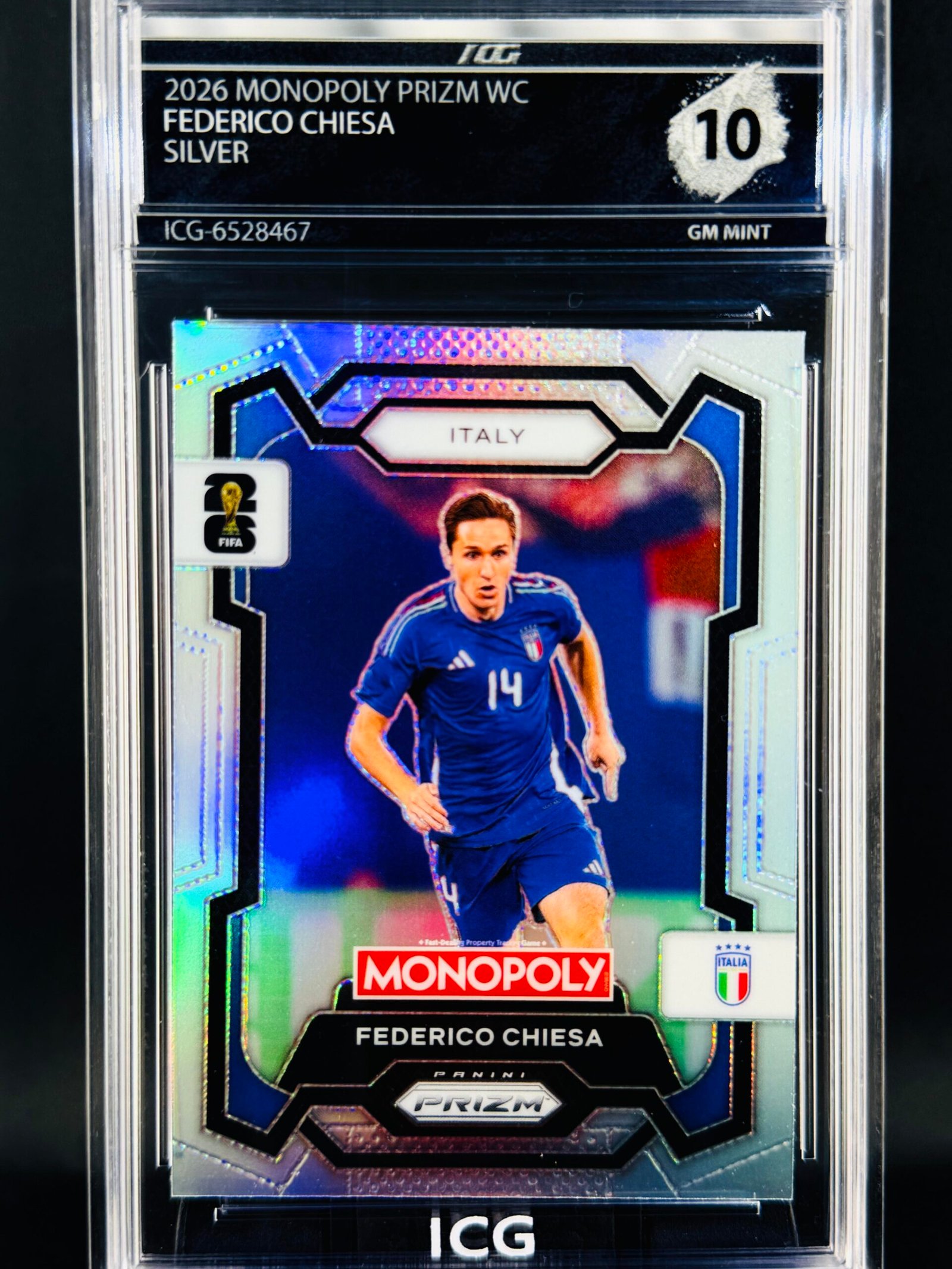 Otra vista de Cromo Federico Chiesa SILVER PRIZM Panini Fifa World Cup Monopoly GEM MINT 10 · Inception Card Grading · ICG · Sports Cards · TCG