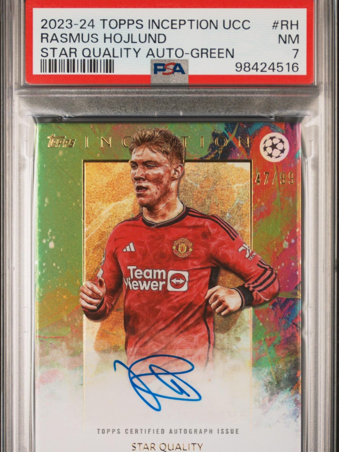 Fotografía de Cromo 2023-24 TOPPS INCEPTION UEFA CLUB COMPETITIONS STAR QUALITY AUTOGRAPHS #RH RASMUS HOJLUND STAR QUALITY AUTO-GREEN