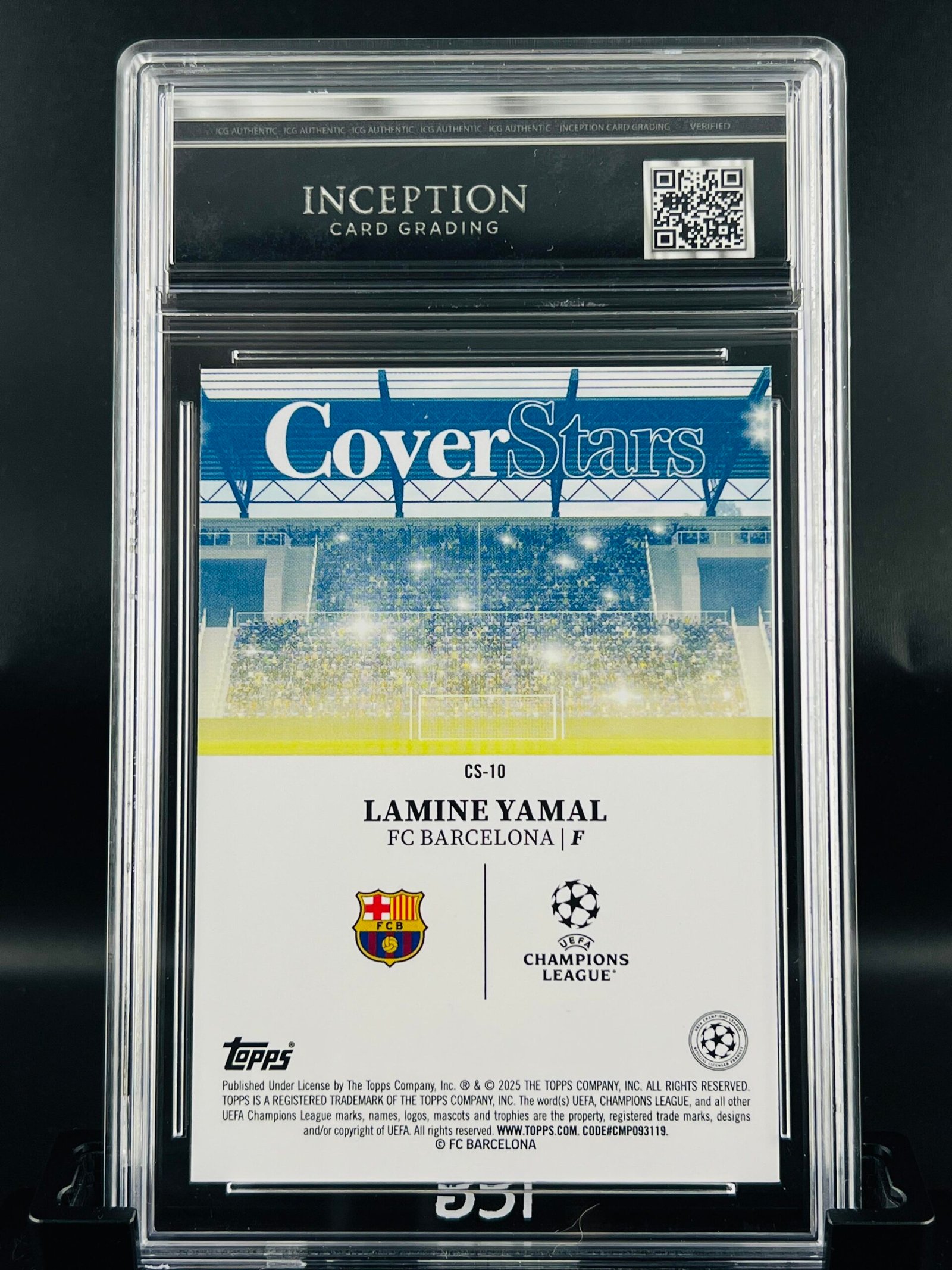 Otra vista de Cromo de fútbol Lamine Yamal TOPPS Cover Stars Inception Card Grading GM MINT 9,5 sport cards