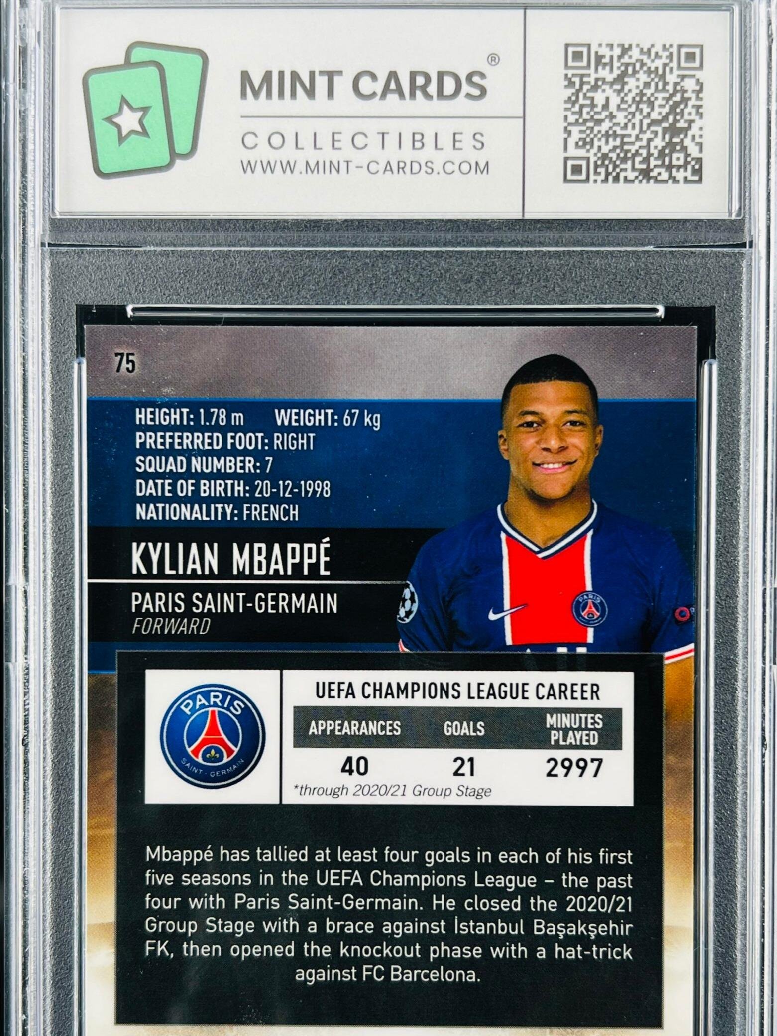 Otra vista de Cromo de fútbol Kylian Mbappé Stadium Chrome Champions #75 2020 GM 10