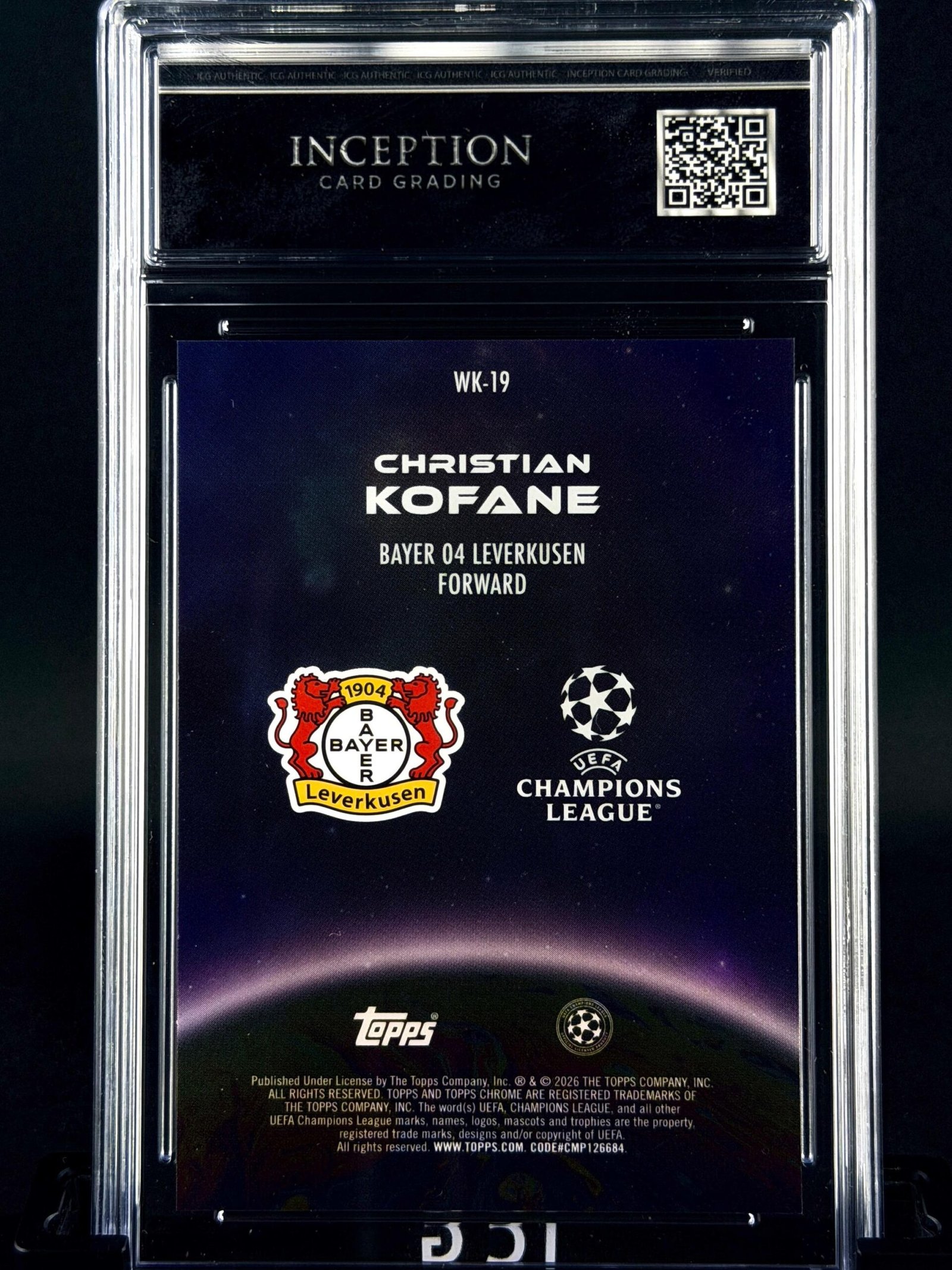 Otra vista de Cromo Christian Kofane Wonderkids Topps Chrome GEM MINT 10 · Inception Card Grading · ICG · Sports Cards · TCG