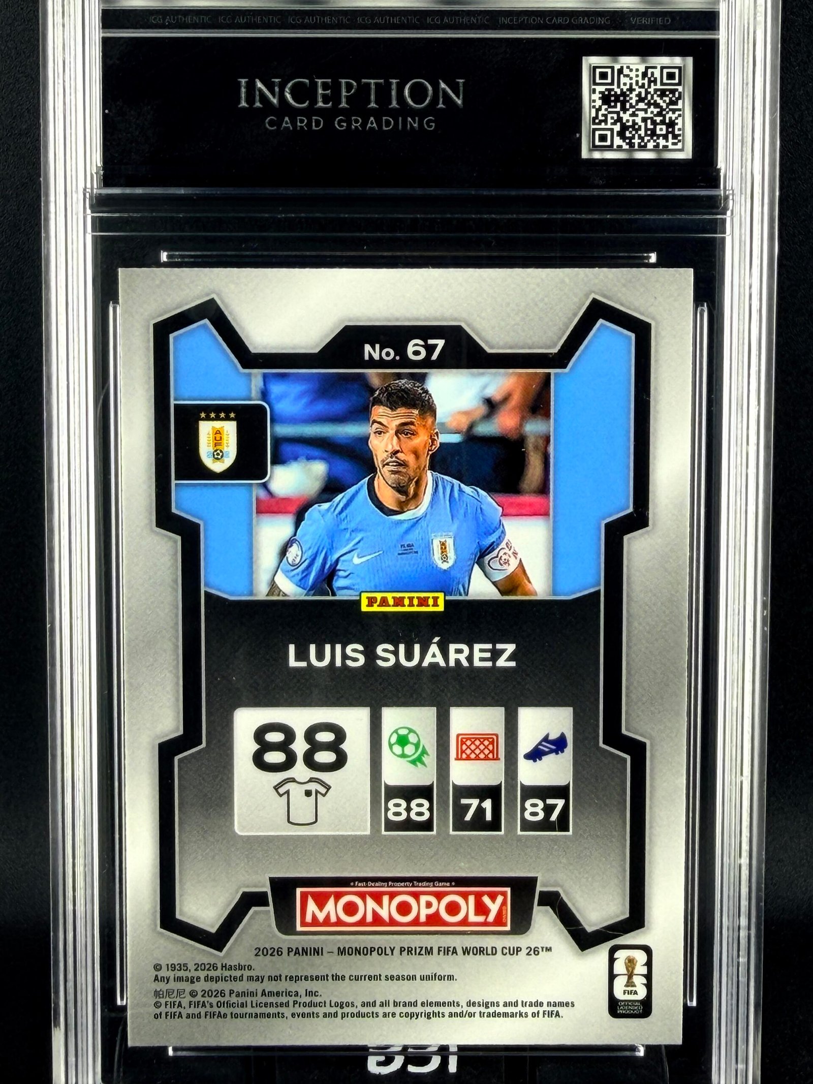 Otra vista de Cromo Luis Suarez Panini Monopoly GEM MINT 10 · Inception Card Grading · ICG · Sports Cards · TCG