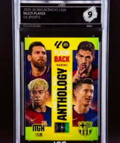 Fotografía de Cromo Messi, Lamine Yamal, Mbappe, Lewandowski y Luis Suarez Panini Megacracks MINT 9· Inception Card Grading · ICG · Sports Cards · TCG