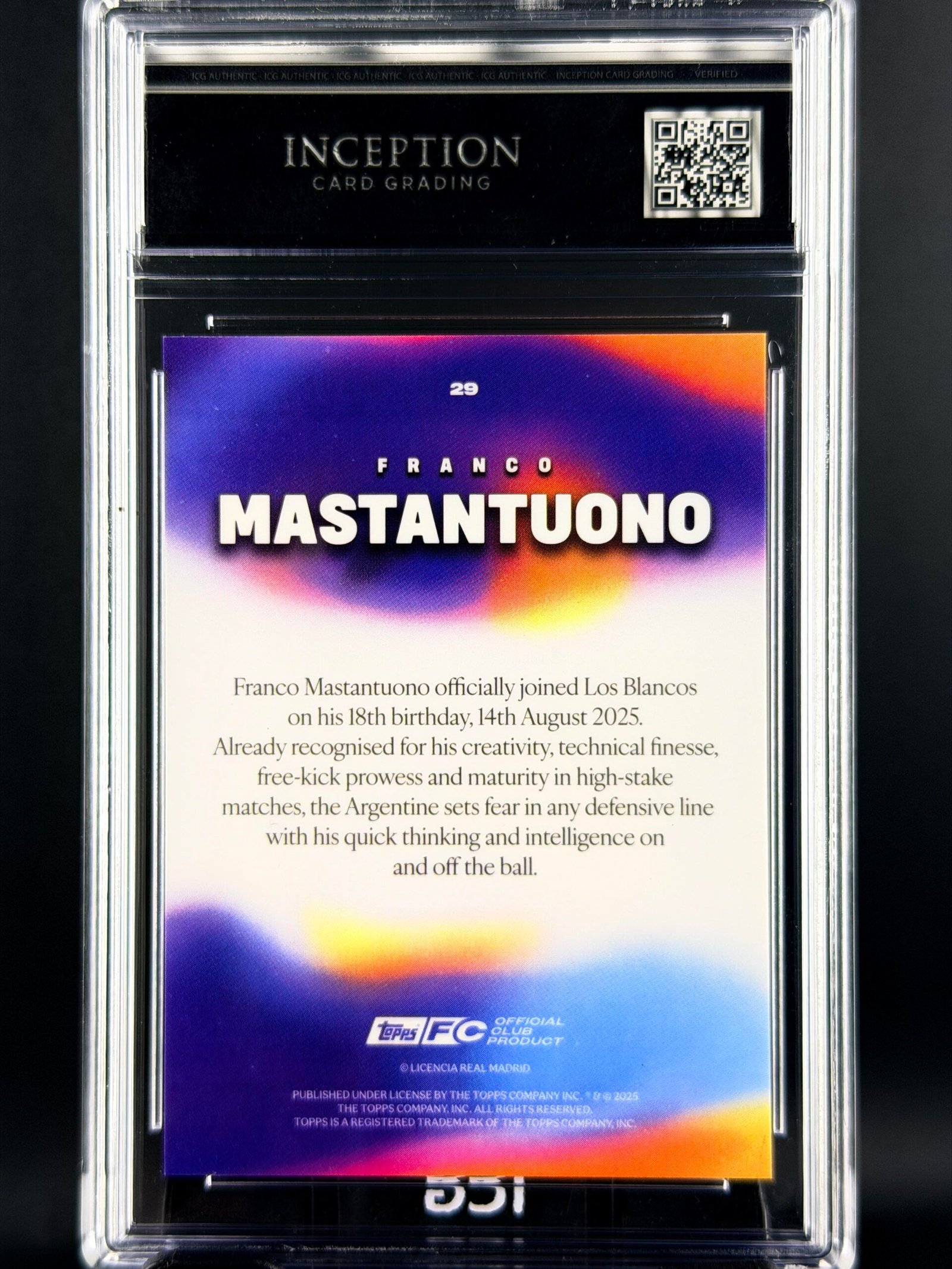 Otra vista de Cromo Mastantuono Futuro Rookie Topps Los Blancos Real Madrid · GEM MINT 10 · Inception Card Grading · ICG · Sports Cards · TCG