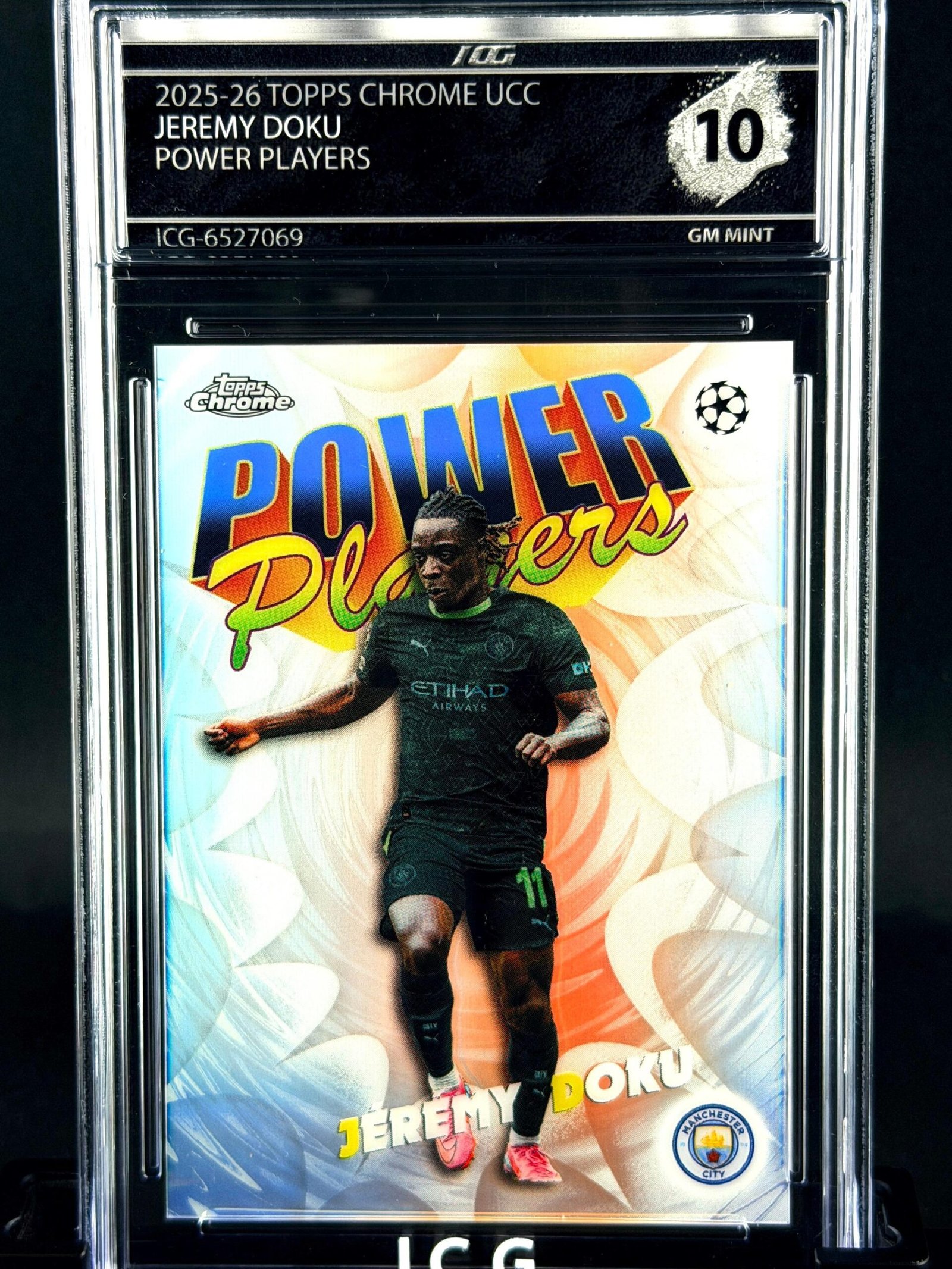 Otra vista de Cromo Jeremy Doku Topps Chrome Power Players GEM MINT 10 · Inception Card Grading · ICG · Sports Cards · TCG