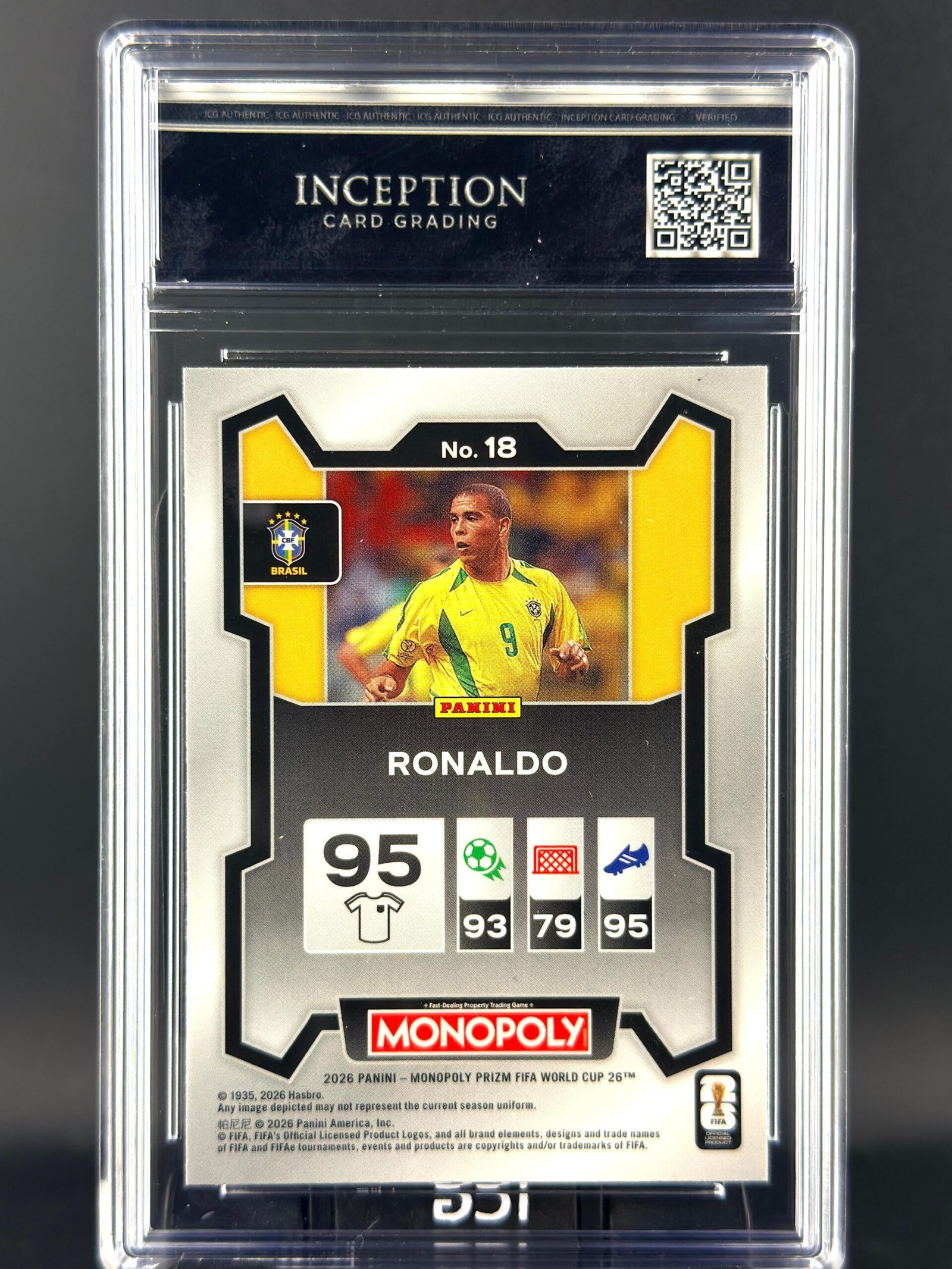 Otra vista de Cromo Ronaldo Nazario Panini Fifa World Cup Monopoly GEM MINT 10 · Inception Card Grading · ICG · Sports Cards · TCG