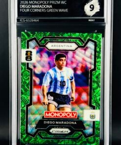 Fotografía de Cromo Diego Maradona Four Corners Green Wave PRIZM Panini Fifa World Cup Monopoly MINT 9 · Inception Card Grading · ICG · Sports Cards · TCG