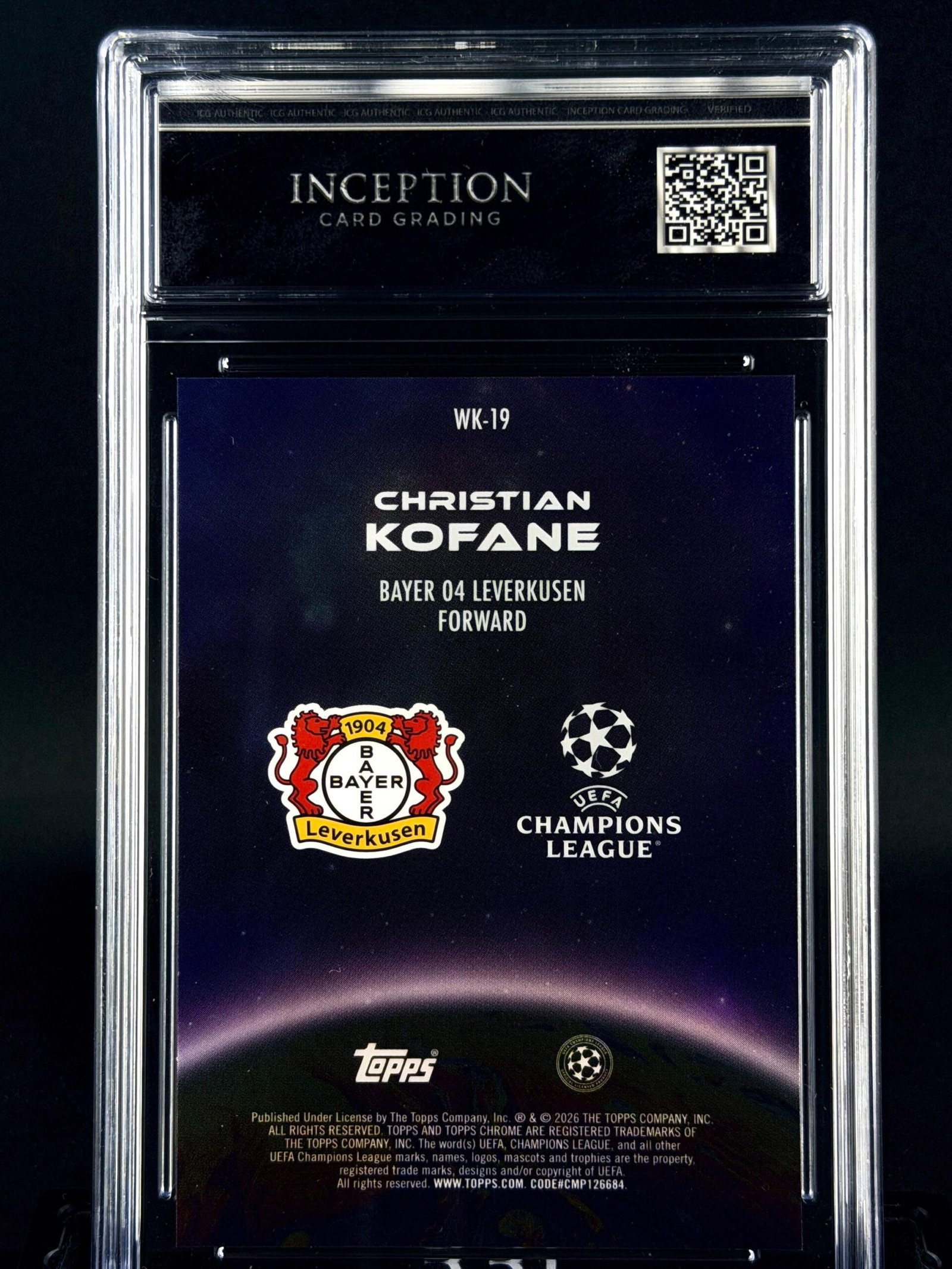 Otra vista de Cromo Christian Kofane Wonderkids Topps Chrome GEM MINT 10 · Inception Card Grading · ICG · Sports Cards · TCG