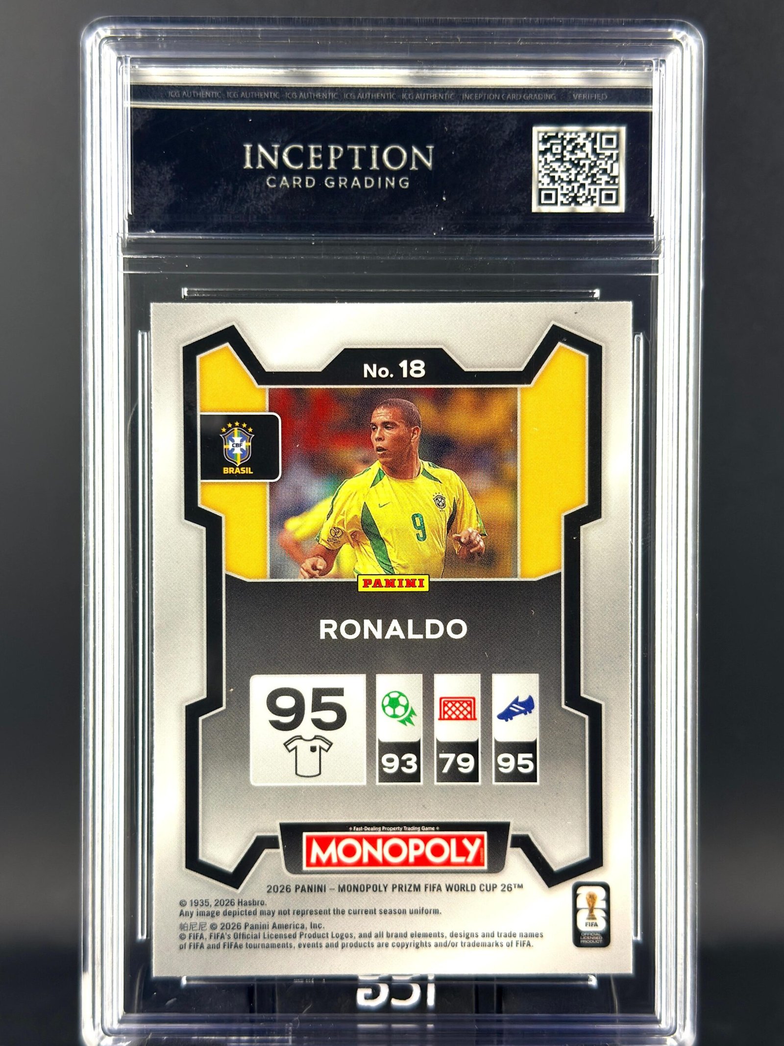 Otra vista de Cromo Ronaldo Nazario Panini Fifa World Cup Monopoly GEM MINT 10 · Inception Card Grading · ICG · Sports Cards · TCG