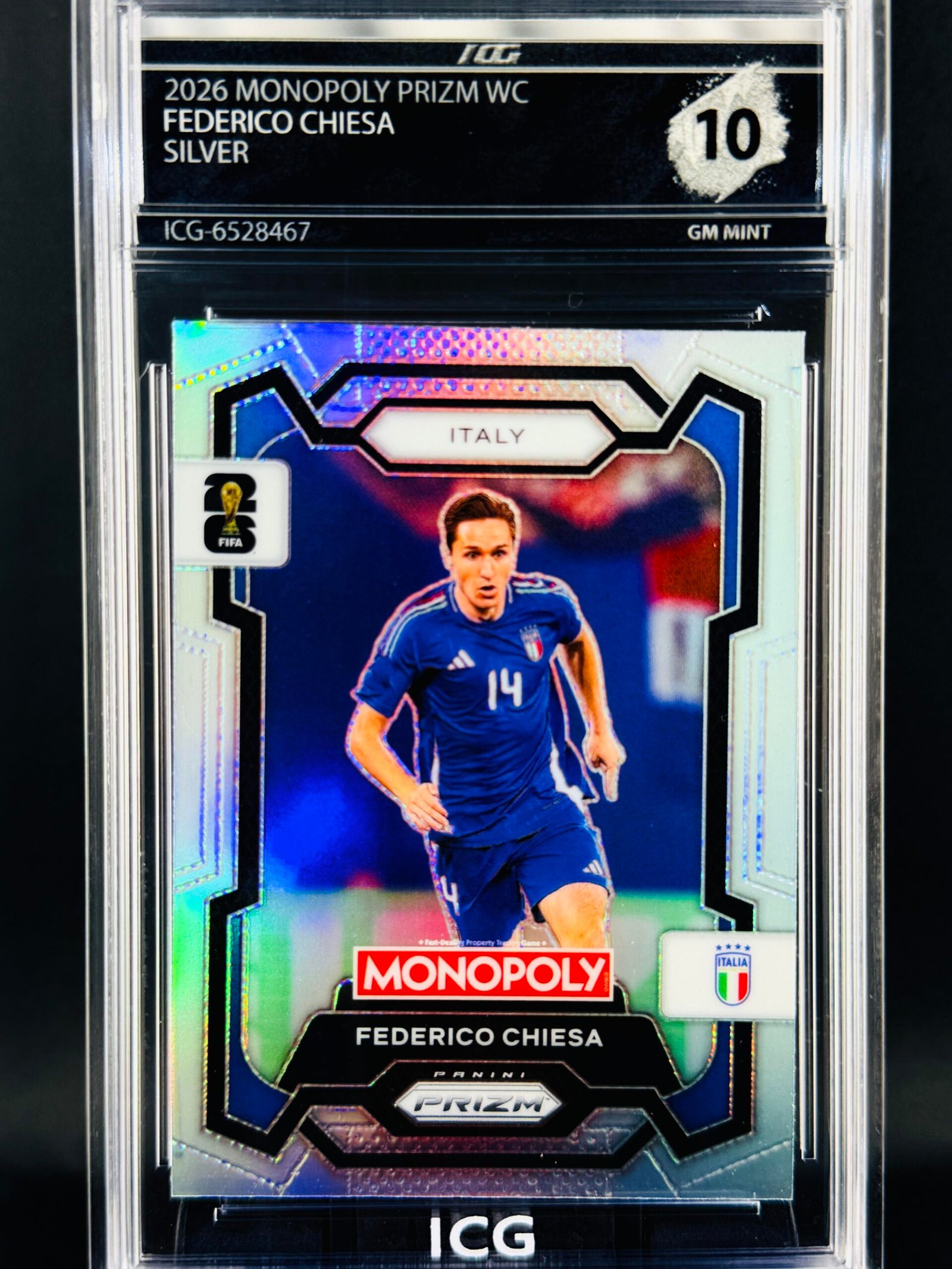 Fotografía de Cromo Federico Chiesa SILVER PRIZM Panini Fifa World Cup Monopoly GEM MINT 10 · Inception Card Grading · ICG · Sports Cards · TCG