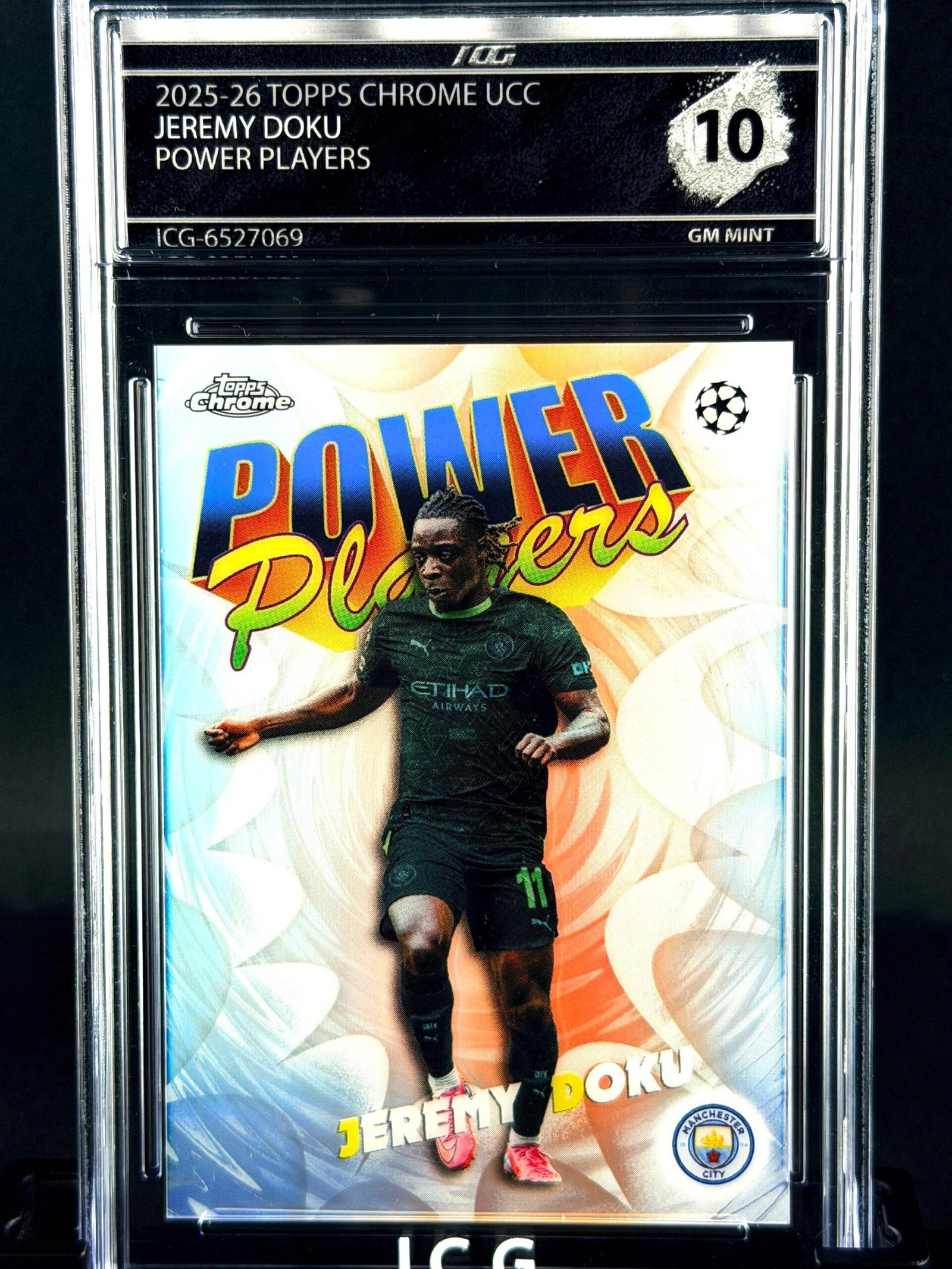 Fotografía de Cromo Jeremy Doku Topps Chrome Power Players GEM MINT 10 · Inception Card Grading · ICG · Sports Cards · TCG