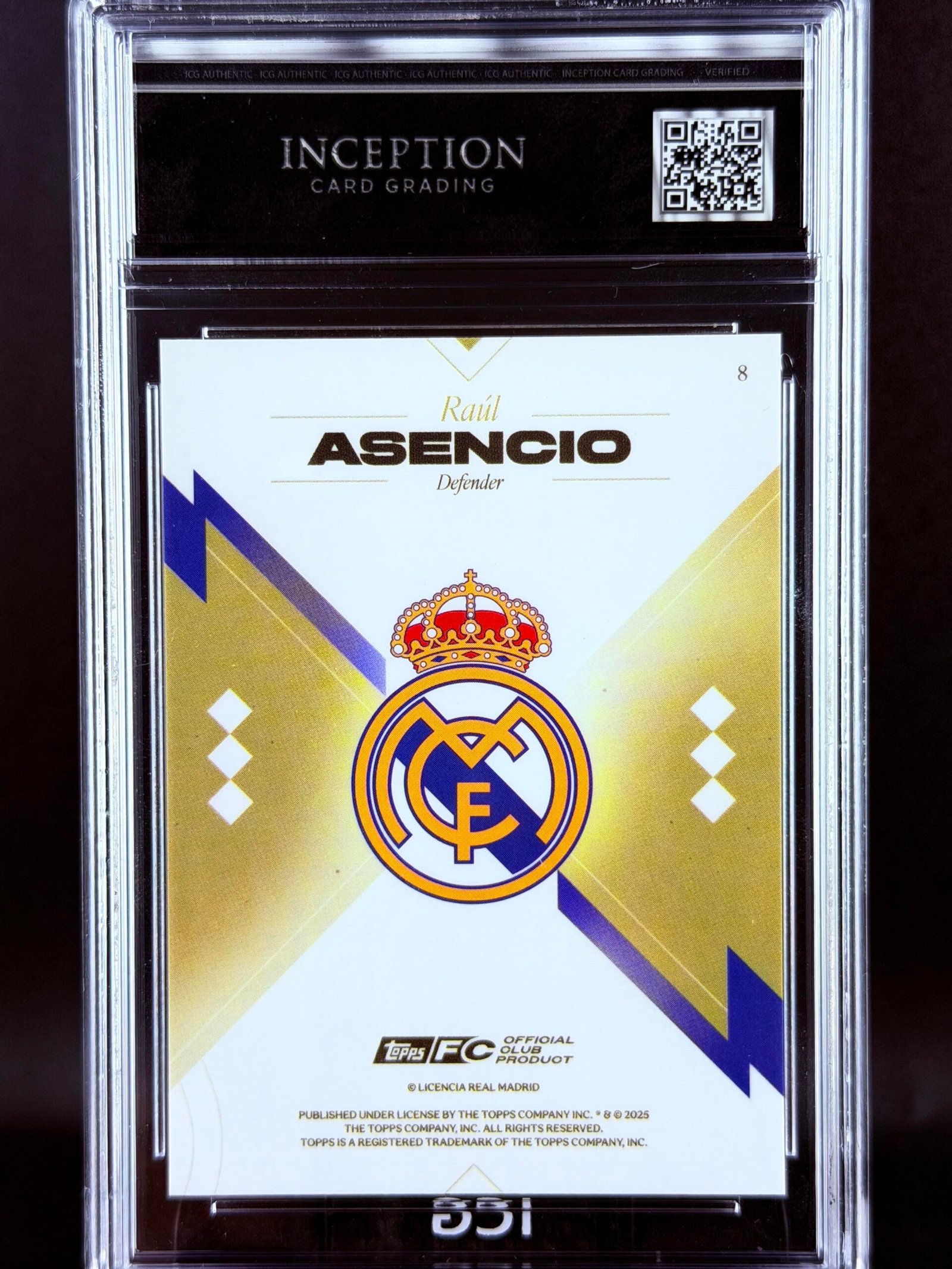 Otra vista de Cromo Asencio Topps Los Blancos Real Madrid · GEM MINT 10 · Inception Card Grading · ICG · Sports Cards · TCG